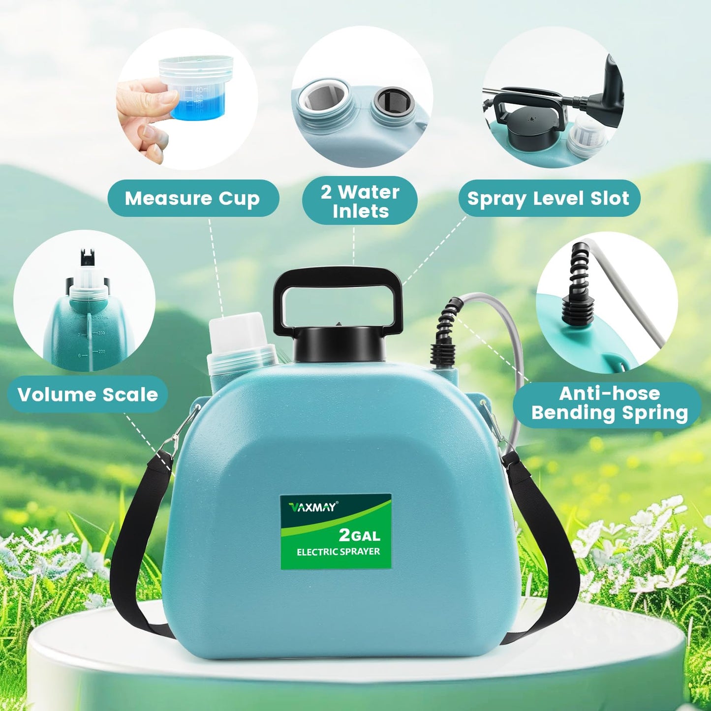 Battery Powered Sprayer 2 Gallon, 2026 Upgrade Electric Sprayer with 3 Adjustable Speed, Battery Indicator, 4 Mist Nozzles, Rechargeable Retractable Wand with Adjustable Shoulder Strap for Lawn Garden