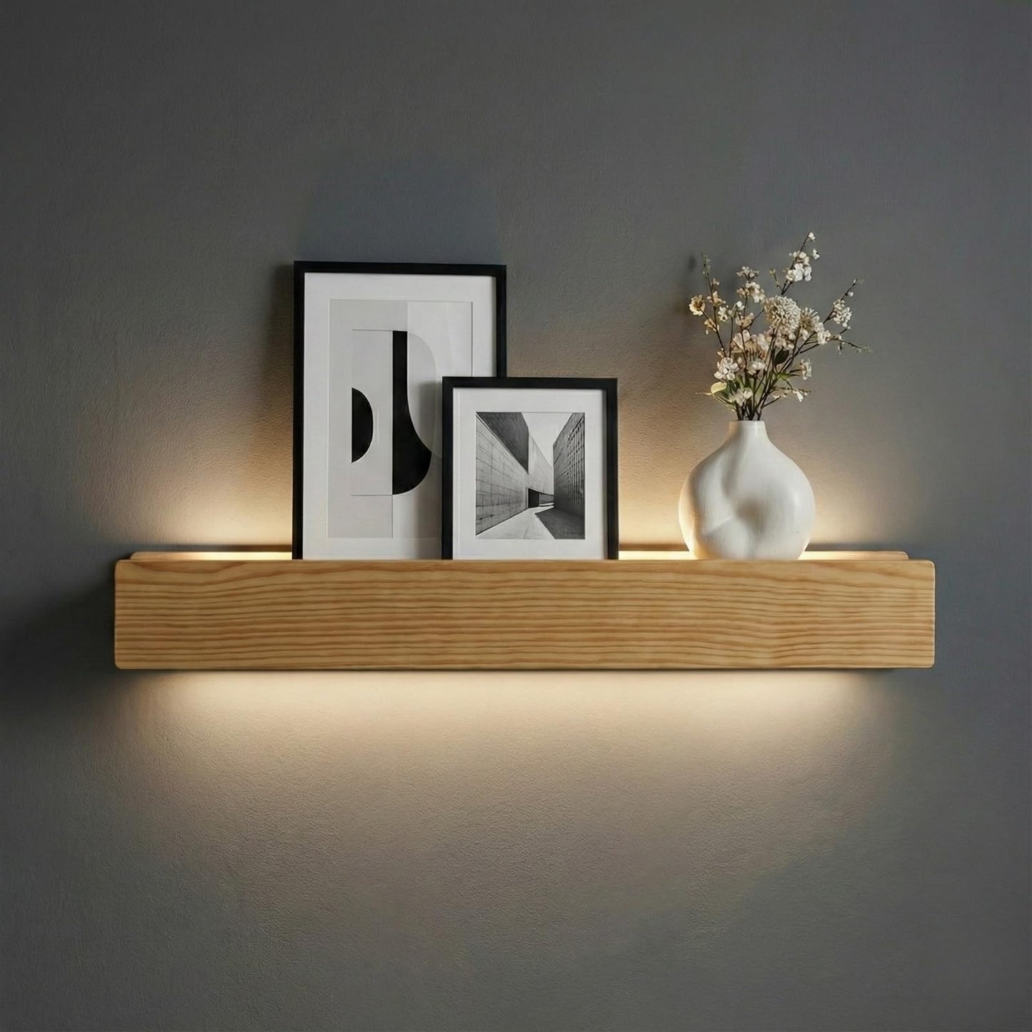 CANCHIC 24" Natural Wood LED Floating Shelf, Heavy Duty Solid Pine Decorative Wall Mounted Shelf with Soft Ambient Lights, Minimalist Ledge for Living Room & Bedroom, Ideal for Scandinavian Home Decor