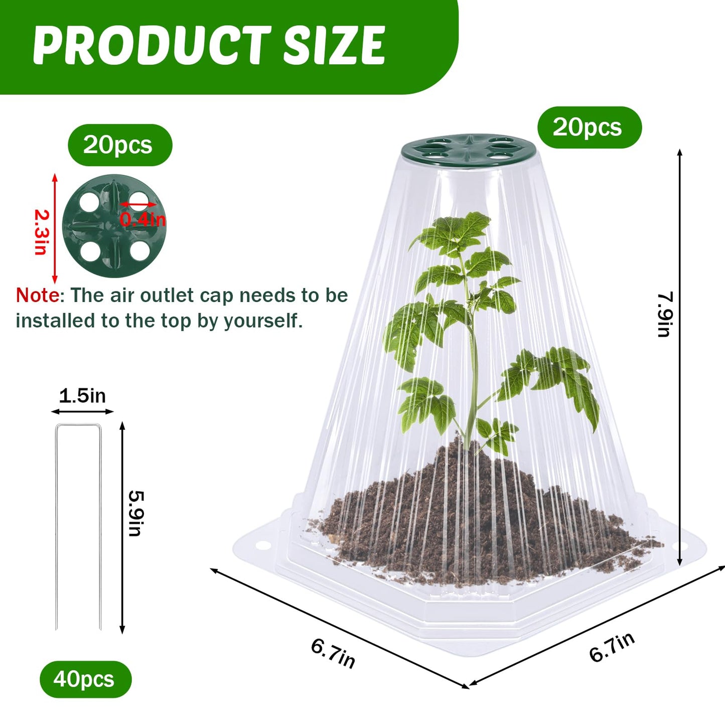 VICAMB 20 Pack Garden Cloches for Plants,Reusable Plant Bell Covers with Rotary Vent and 40PCS Ground Stakes,Garden Protector from Birds Chicken Animals,7.9" H X 6.7" D