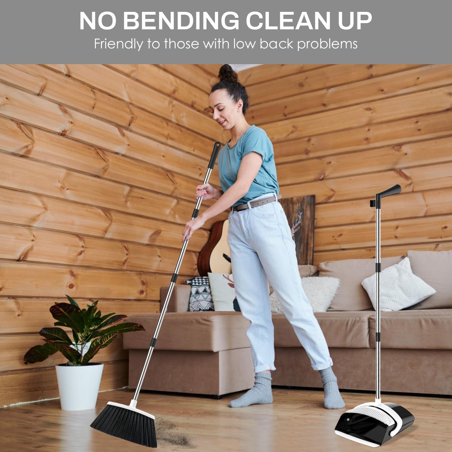 EZKEY Broom and Dustpan Set for Home, 51-in Long Adjustable Handle Angle Broom and Dustpan Combo Set with Dust Pan Teeth to Clean Hair for Home Kitchen Office Lobby Floor Garden (Black&White)