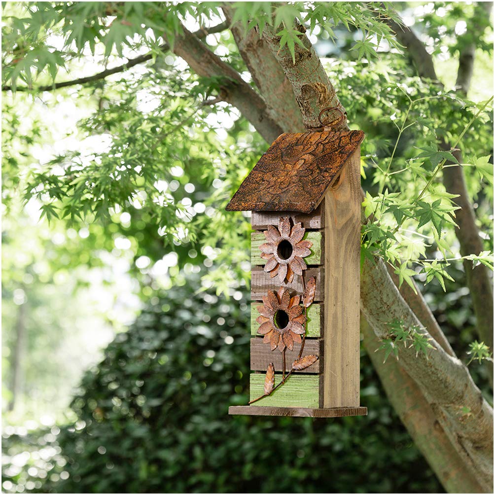 Glitzhome Bird Houses for Outside, 14.45" H Wooden Garden Hanging Bird House Two-Tiered Distressed with Flowers Decorative Birdhouse for Outdoors