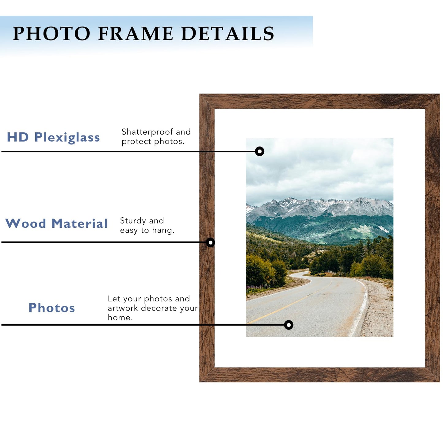 QOTIB 11x14 Picture Frame with 8x10 Mat Deep Brown, Display 8x10 with Mat or 11x14 Without Mat, Wood 11 by 14 Photo Frame, 11 x 14 Frame for Wall Hanging Display, Deep Brown