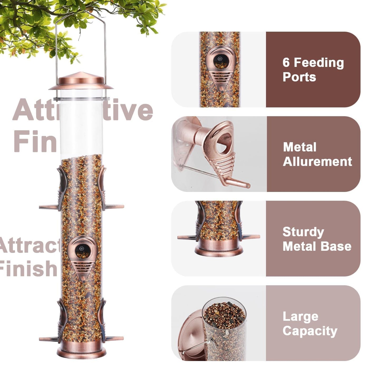 MIXXIDEA Metal Tube Bird Feeders for Outdoors - 6 Ports Hanging Feeder Attracts Wild Birds in Your Lawn, Garden, Balcony - Antique Copper - 1 Pack
