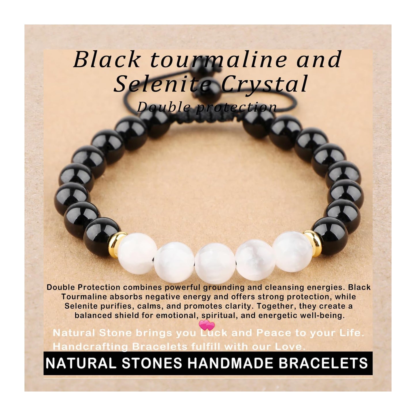 AD Beads 8mm Black tourmaline + Selenite Crystal - Double protection - Handmade Natural Stone Crystal Bracelet with Adjustable Macrame String - Yoga Healing Power Energy Gifts for Men and Women