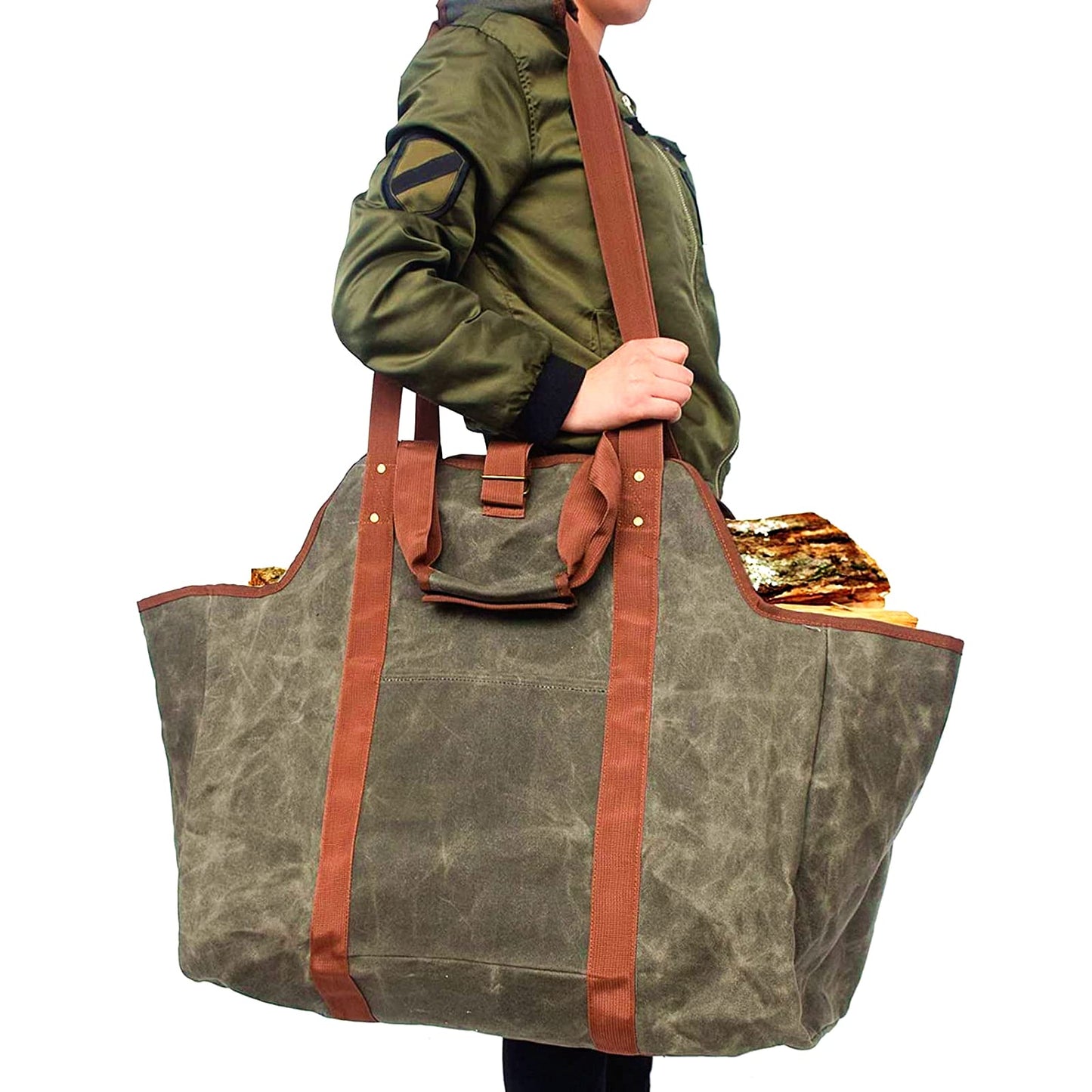 Green Leather Indoor Fireplace Log Holder - Wood Carrier for Firewood Rack & Tote
