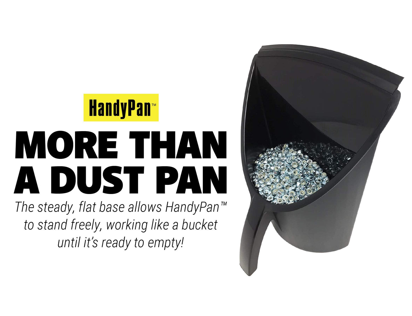 HandyPan Heavy Duty Dustpan, Black - Large Dust Pan Made in the USA with Tight Seal Lip to Keep Dust, Dirt, Debris In-Great for Home, Shop, Garage, Use-Stackable, Standing Dustpan for Wet or Dry Tasks