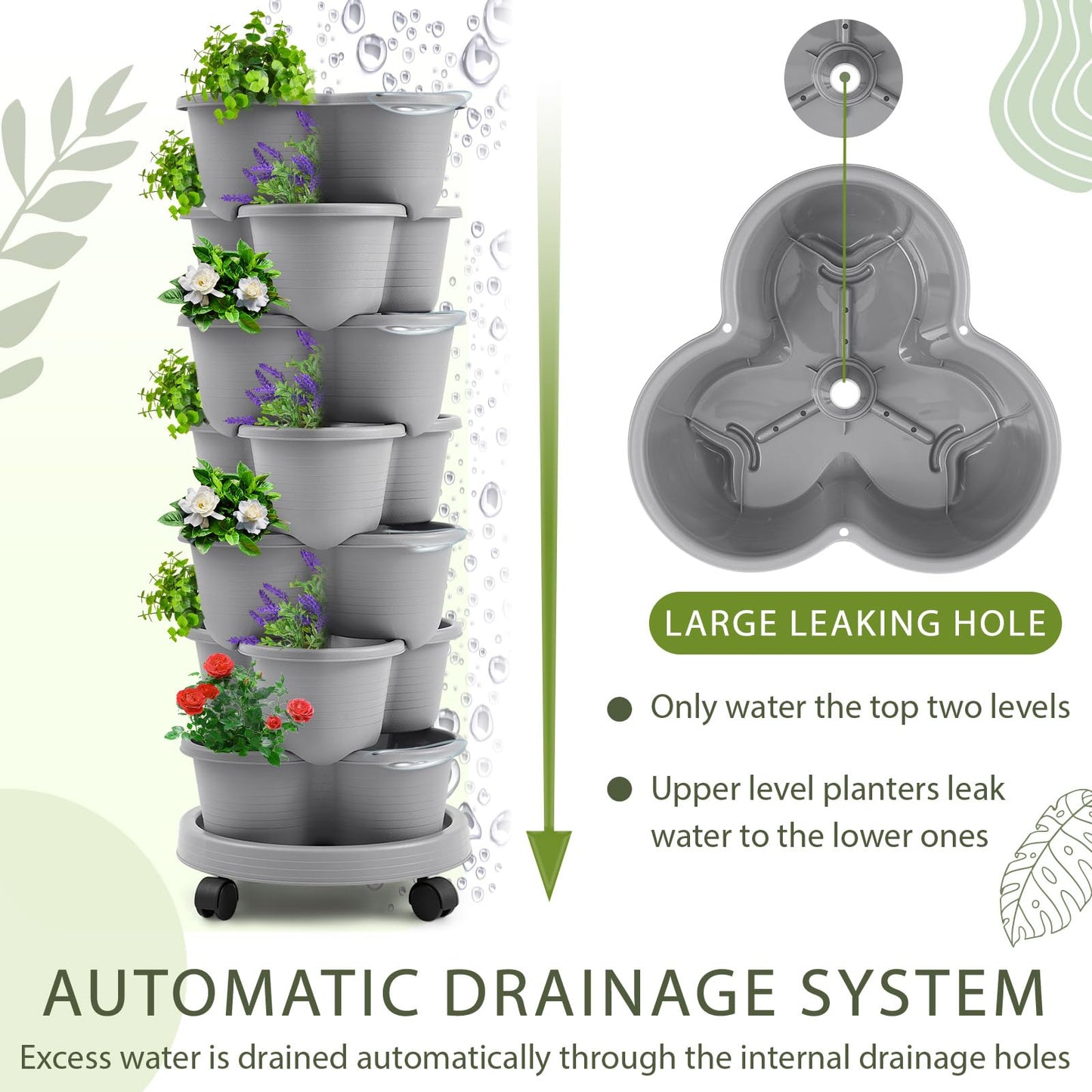 Umigy 2 Set Light Gray 7 Tier Stackable Vertical Planters with Removable Wheels and Tools Tower Planters Strawberry Herb Flower Vegetable Pots Indoor Outdoor Gardening Pots
