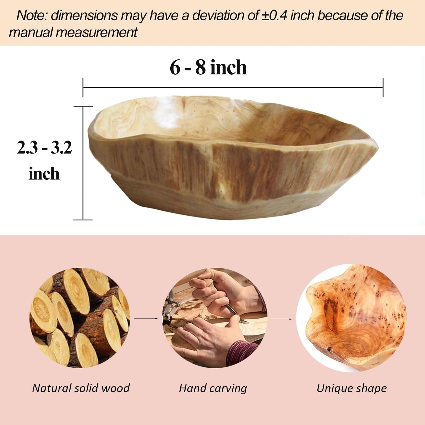 MIATTCLD Wooden Bowl Decorative Natural Wood Fruit Bowl, Irregular Creative Wood Bowls, Rustic Hand Carved Candy Snack Keys Serving Bowls for Home Decor (6"-8" Diameter)