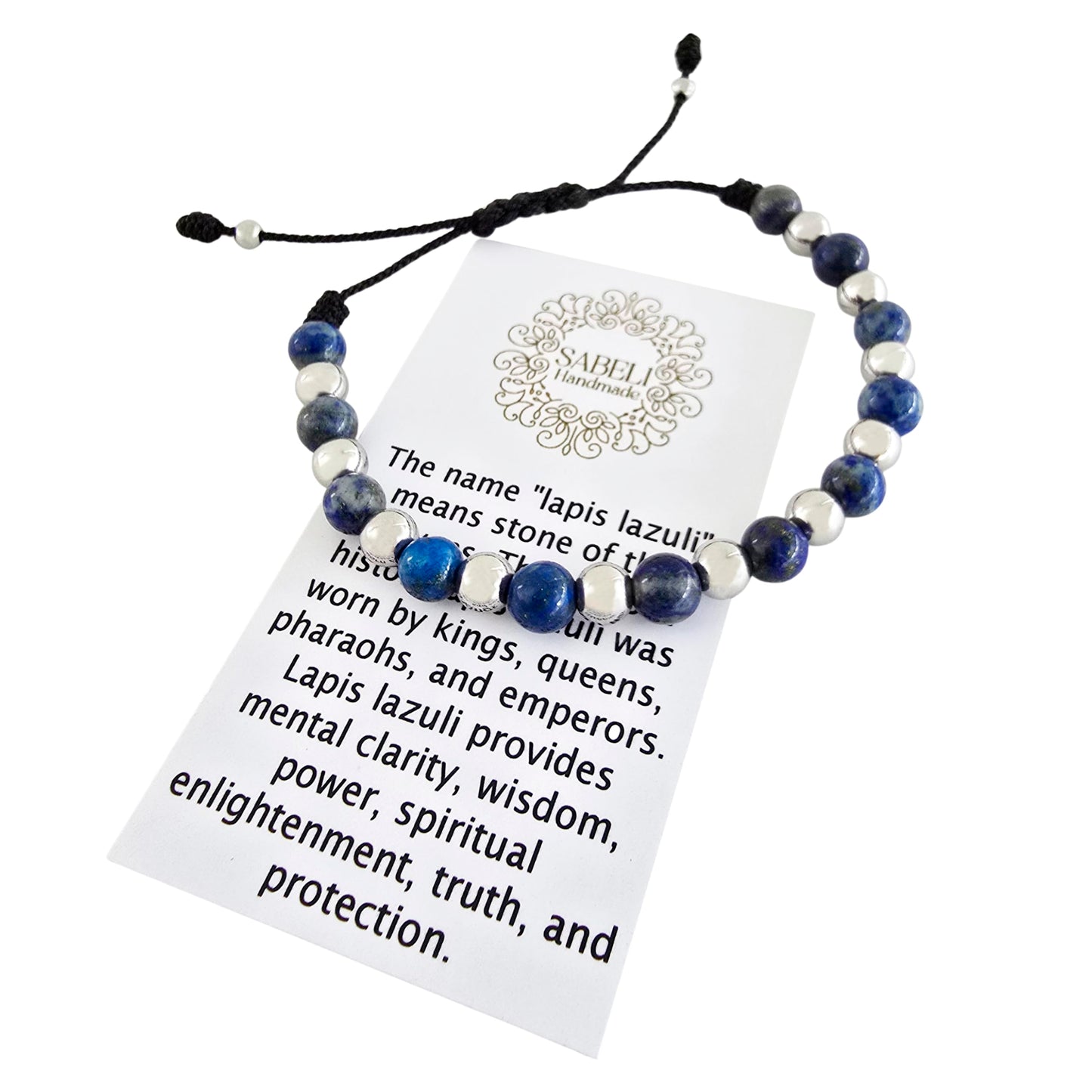 Sabeli Handmade Lapis Lazuli Bracelet Crystal Bead Jewelry for Men and Women Spiritual Healing Anxiety Protection Gemstone Natural Stone Gift Adjustable Blue 6mm Beads