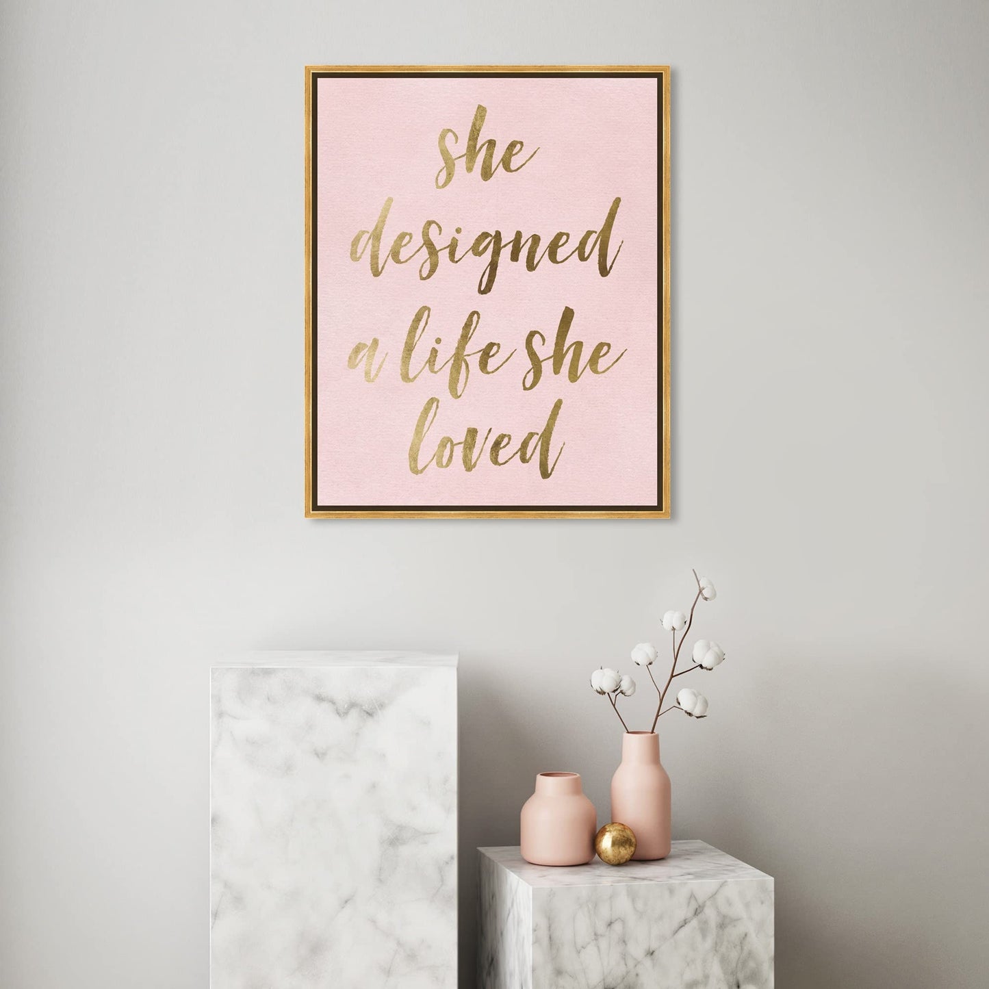 The Oliver Gal Artist Co. Typography and Quotes Wall Art Framed Canvas Prints 'A Life She Loved Blush' Empowered Women Quotes and Sayings