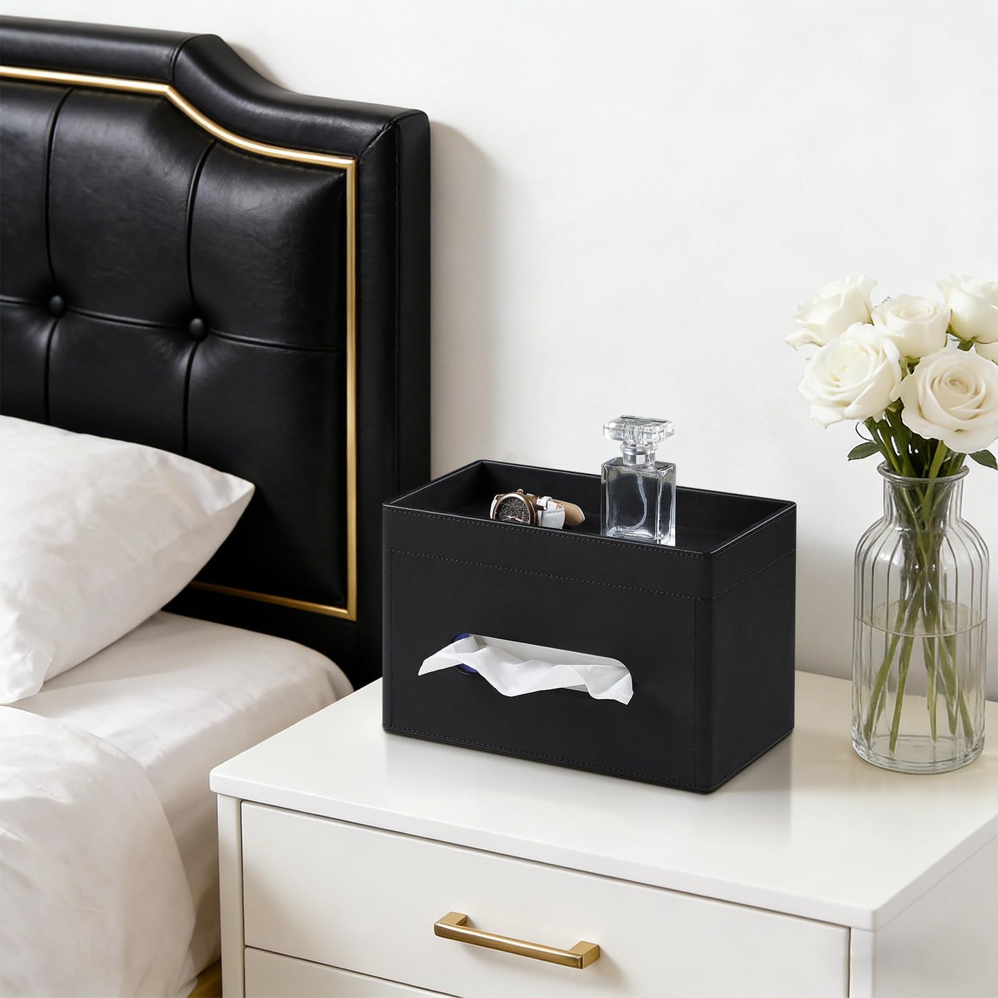 MEIBOOCH Plus Size Tissue Box Cover Rectangle, PU Leather Tissue Box Holder with Storage Tray, Decorative Organizer Tissue Holder for Bathroom, Bedroom Dresser, Night Stand, Office (Black)