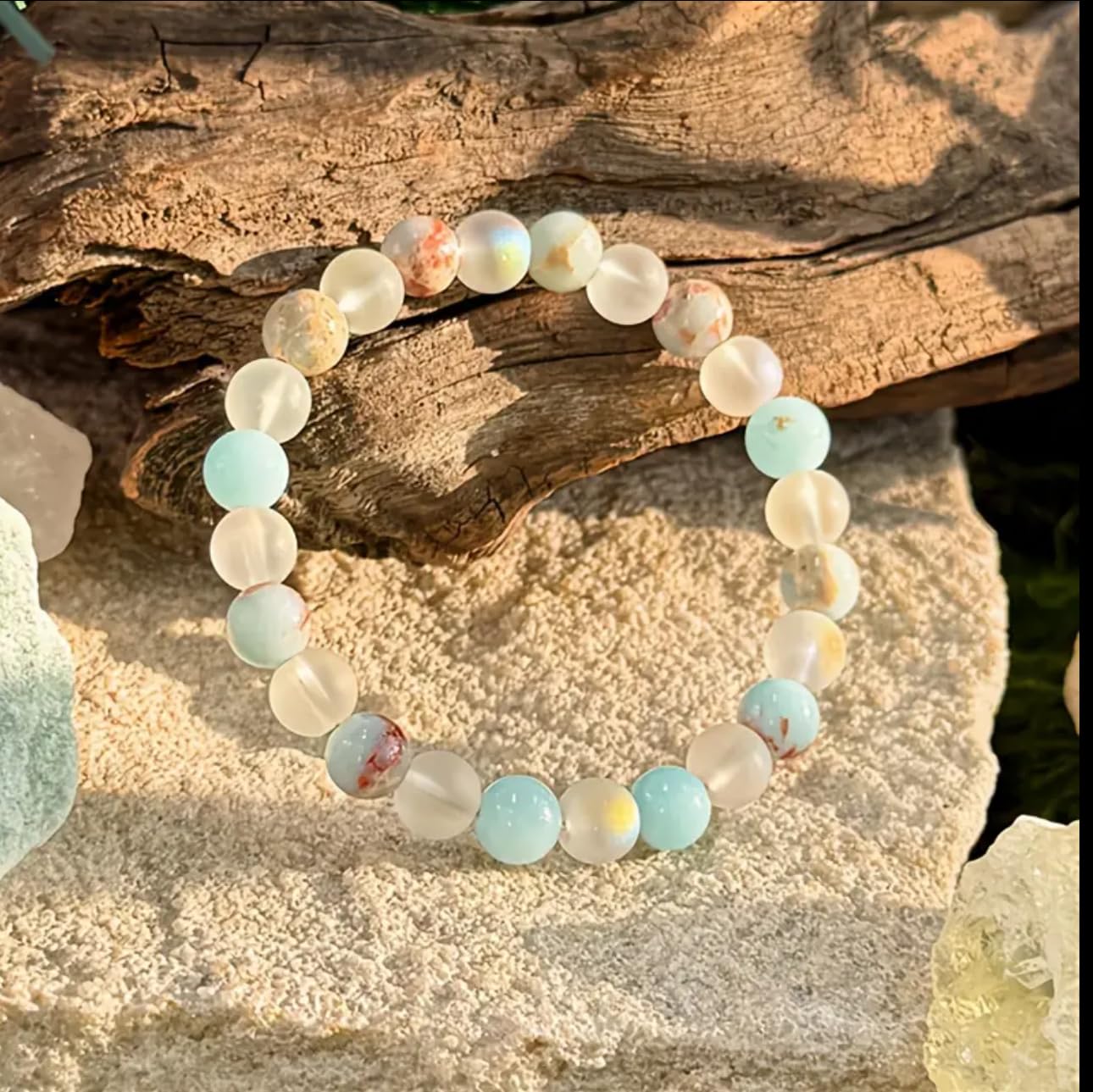 TUQBA Healing Crystal for Women and Men Amazonite White Agate Stress Relief Natural Stone Stretch Beaded Bracelet Christmas Gift for Baptism, Birthday, Mothers days gift