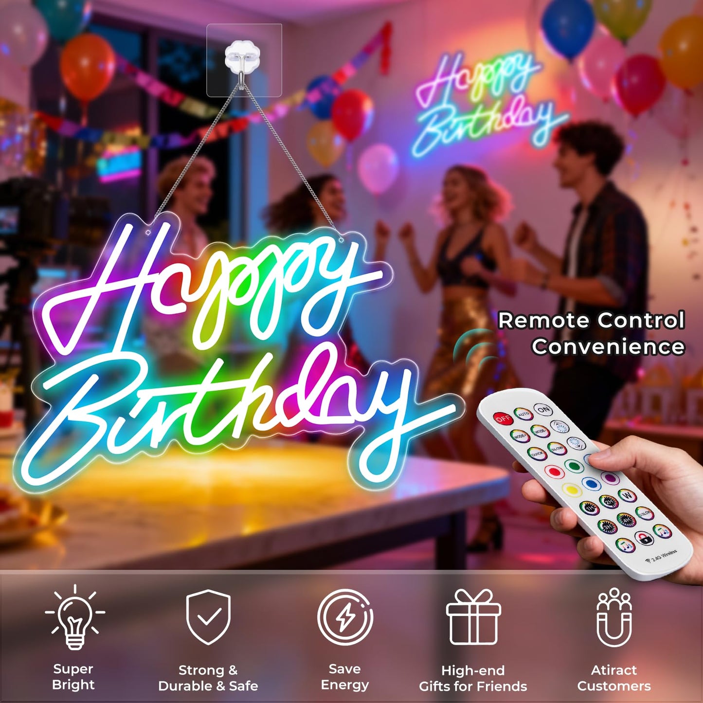 Happy Birthday Sign for Wall Decor, RGB Led Happy Birthday Neon Sign For Party And Remote Control, USB Powered Dimmable Neon Light.Corlorful Happy Birthday Light Up Sign.