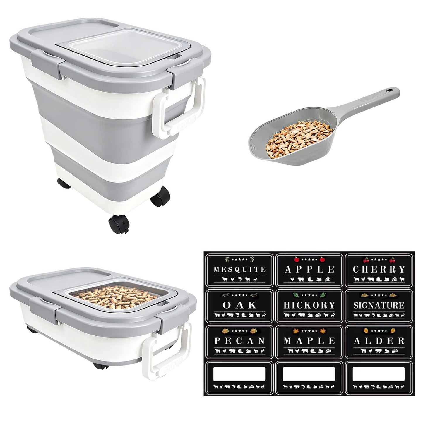 Wood Pellet Storage Containers 35lbs, Collapsible Pellet Storage Bin with Scoop and Label Stickers, Charcoal Storage with Locking Lid Clear Window, Smoker Pellet Storage Pellet Bucket Grill Accessory