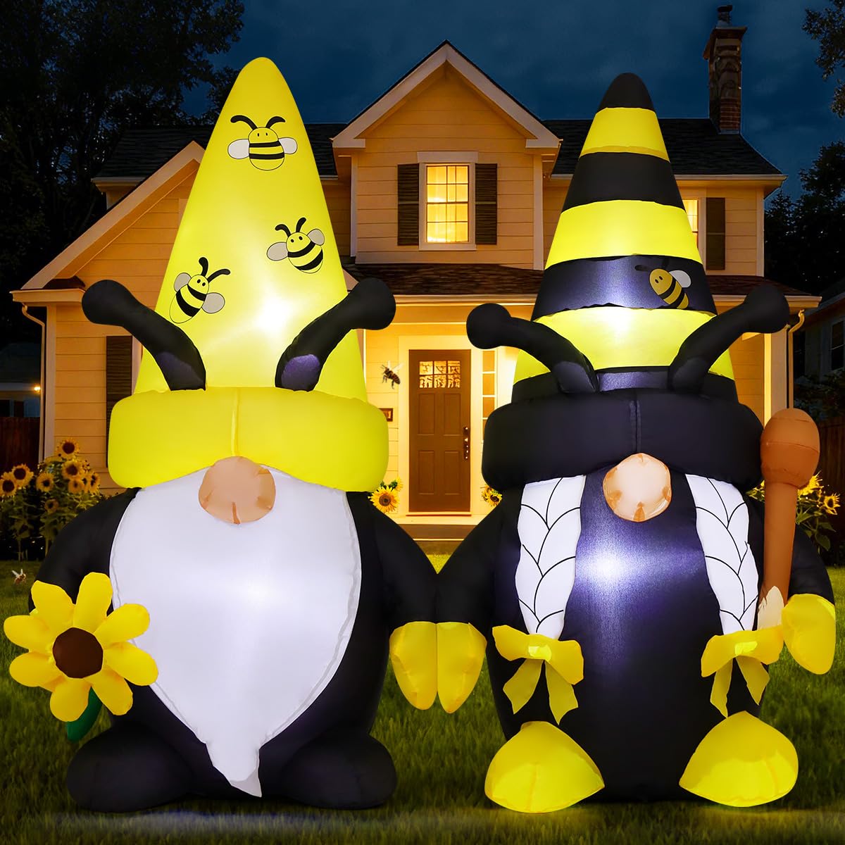 GOOSH 6 FT Long Spring Inflatables Gnomes Decorations Blow Up Yard with Bees and Sunflower Built-in LEDs for Garden Lawn Indoor Party Decor