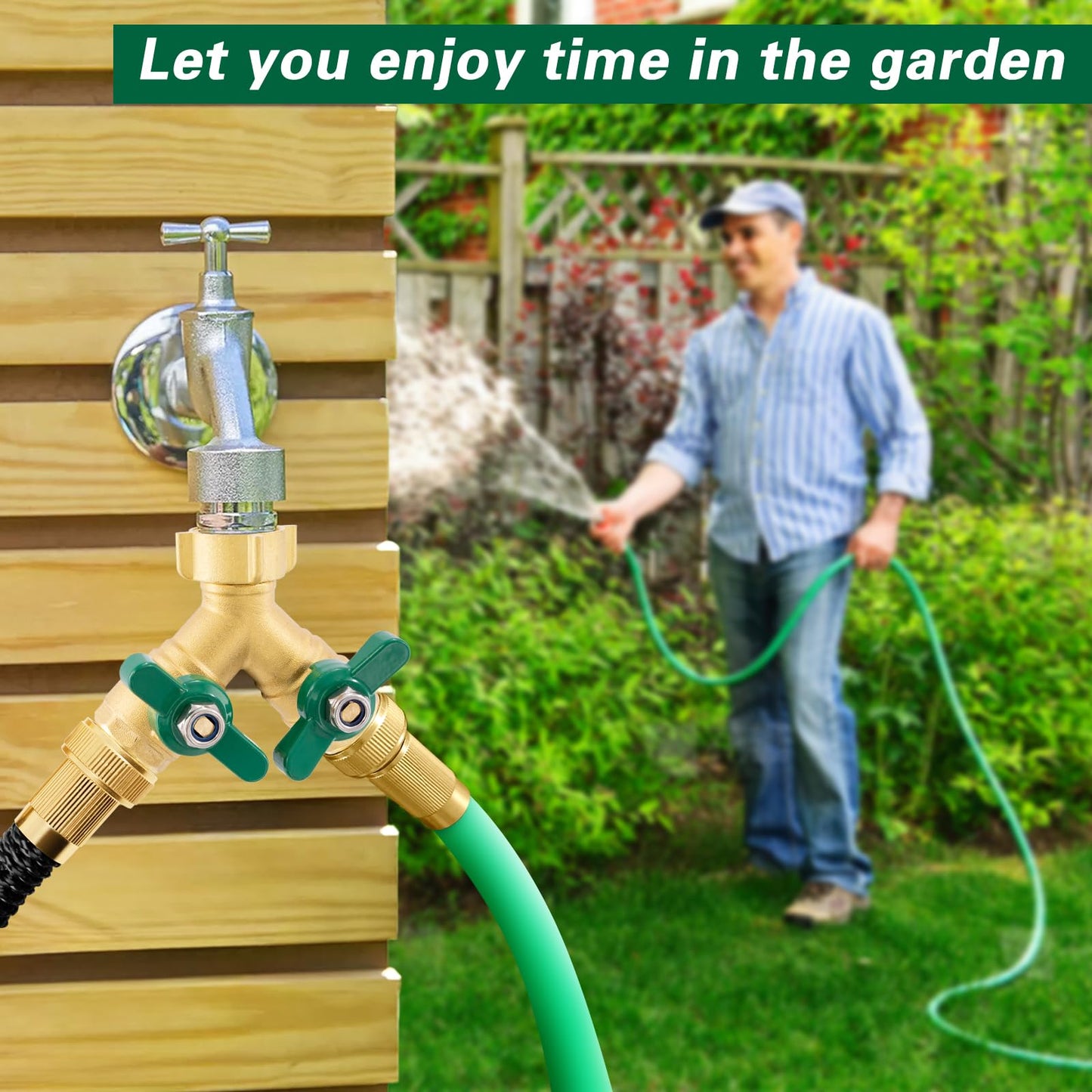 Cekwiet Heavy Duty Garden Hose Splitter 2 Way, Brass Full Flow Y Hose Splitter with Thickened Easy-Turn Handle, 3/4" GHT Outdoor Faucet Connector with Shut-Off Valves