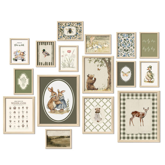 16 PCS Woodland Nursery Wall Art Decor, Vintage Baby Girl & Boy Nursery Decor, Kids Toddler Room Bedroom Playroom Decor, Sage Green Animals Eclectic Gallery Wall Prints, Bear Duck Goose Rabbit ﻿