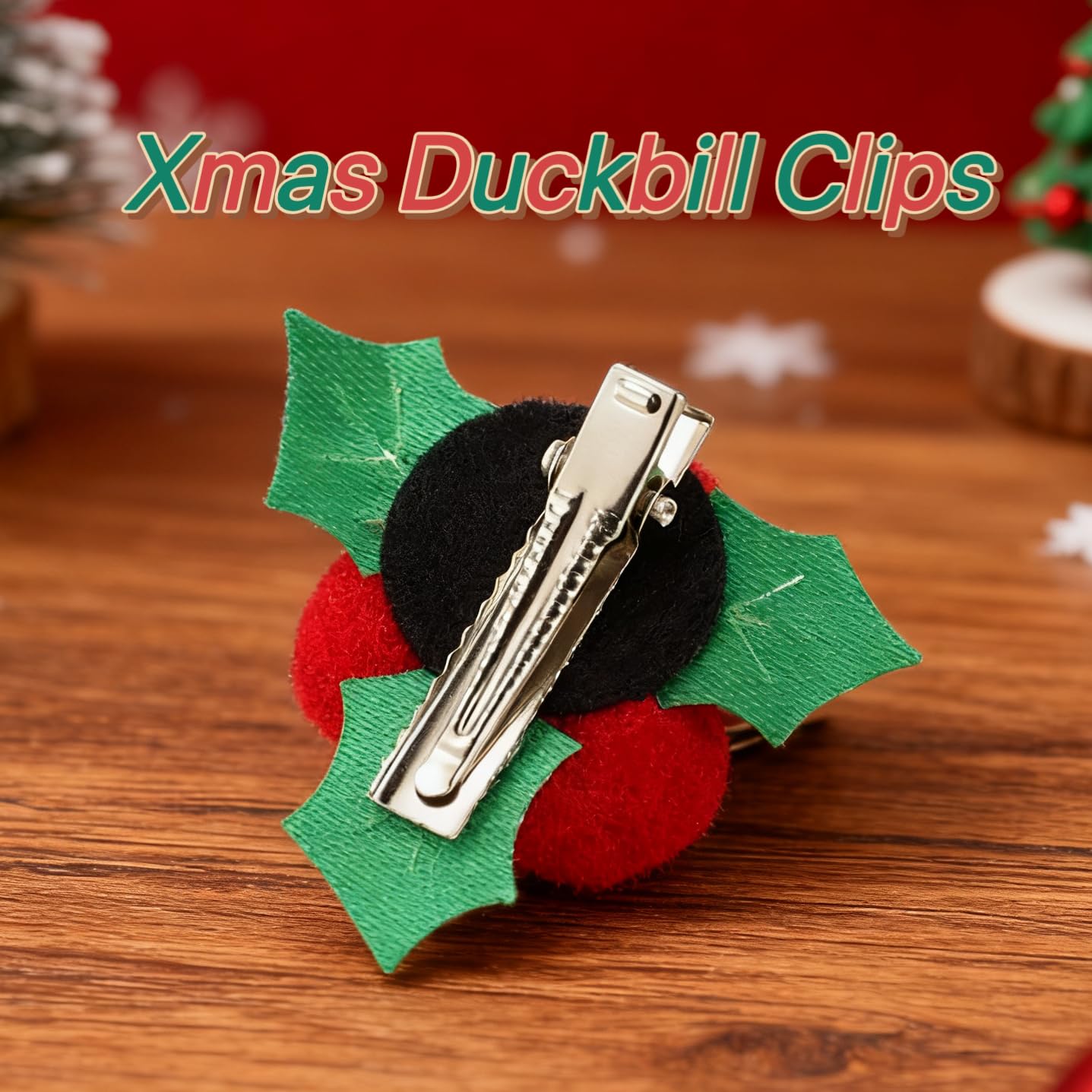 2-Piece Festive Holly Hair Clips with Red Berry Green Leaf Duckbill Clips Xmas Barrettes for Girls Holiday Hair Accessories for Winter Christmas New Year Parties