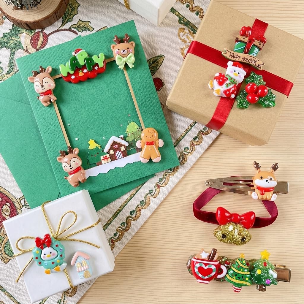 Christmas Resin Embellishments, 40 Pieces Assorted Styles Xmas Tree Santa Claus Snowman Gift Box Design Resin Flatbacks for DIY Crafting, Phone Case,Scrapbooking (Red)