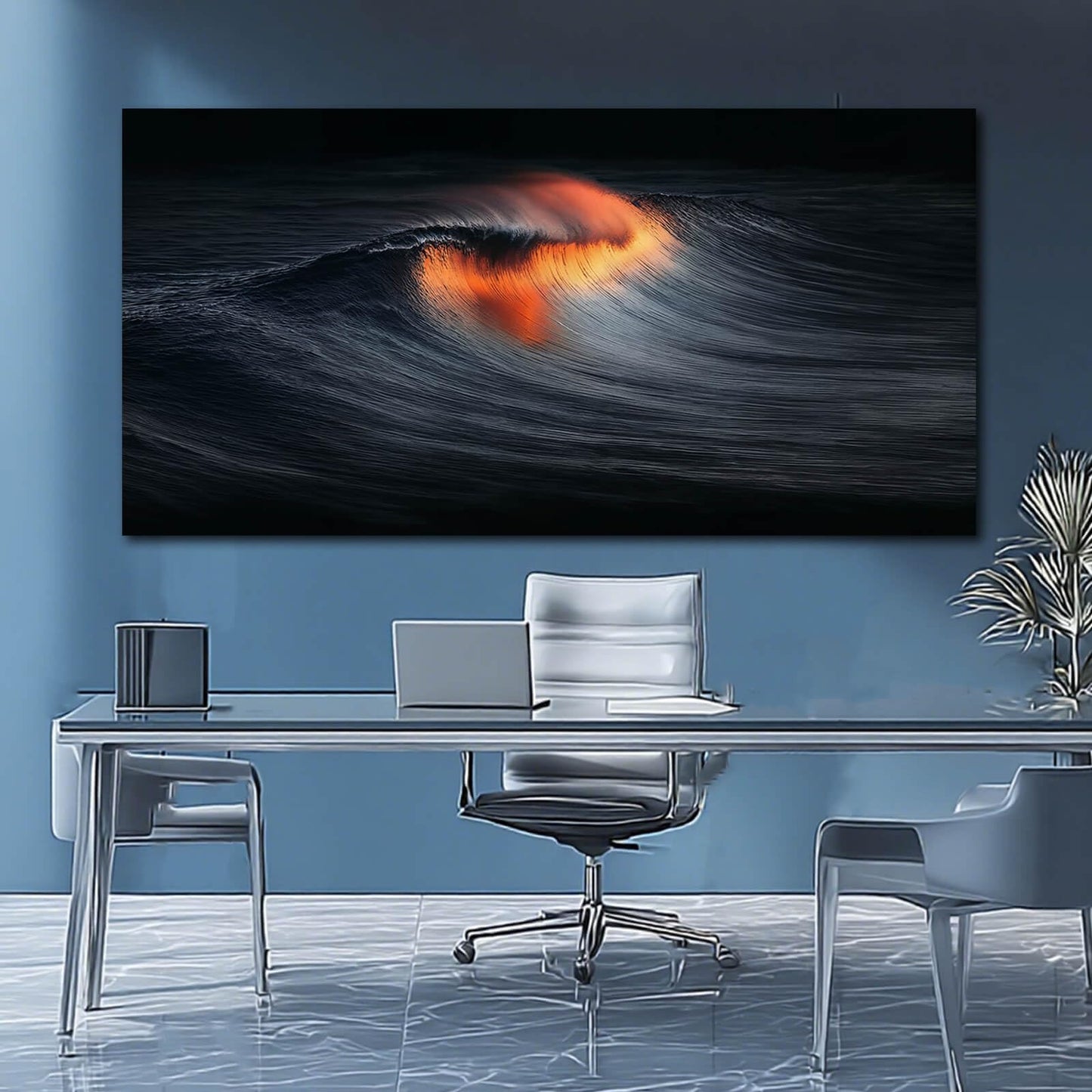 YETHEN WAL Dark Ocean Wave Wall Art Sunset Fire Canvas Prints Abstract Seascape Artwork for Living Room Bedroom Office Decor 24x48 Inch