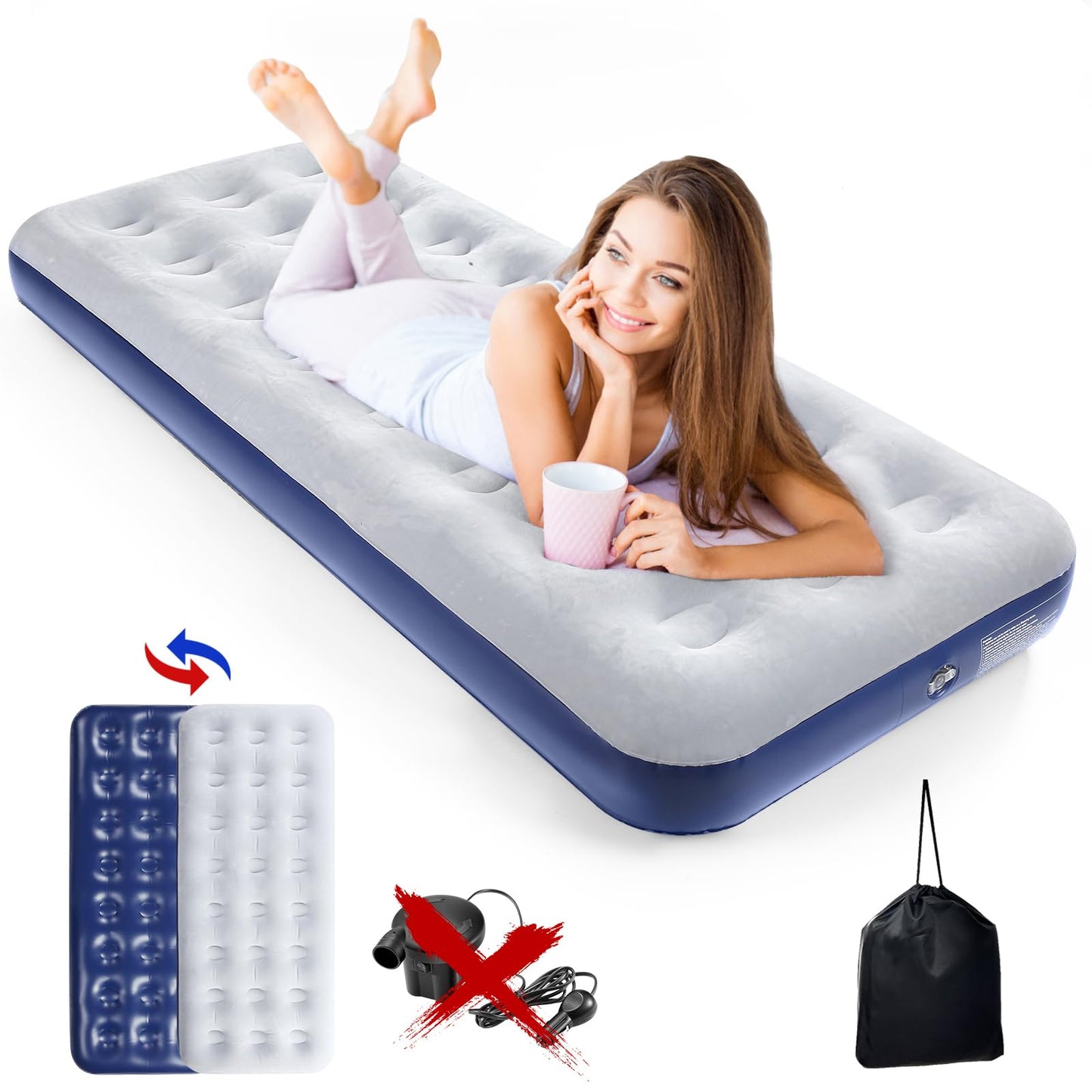 QDH Camping Air Mattress Inflatable Air Bed Flocked Surface Travel Bed Sleeping Pad Air Bed for Outdoor Camping Tent Guest Travelling(2 PCS)