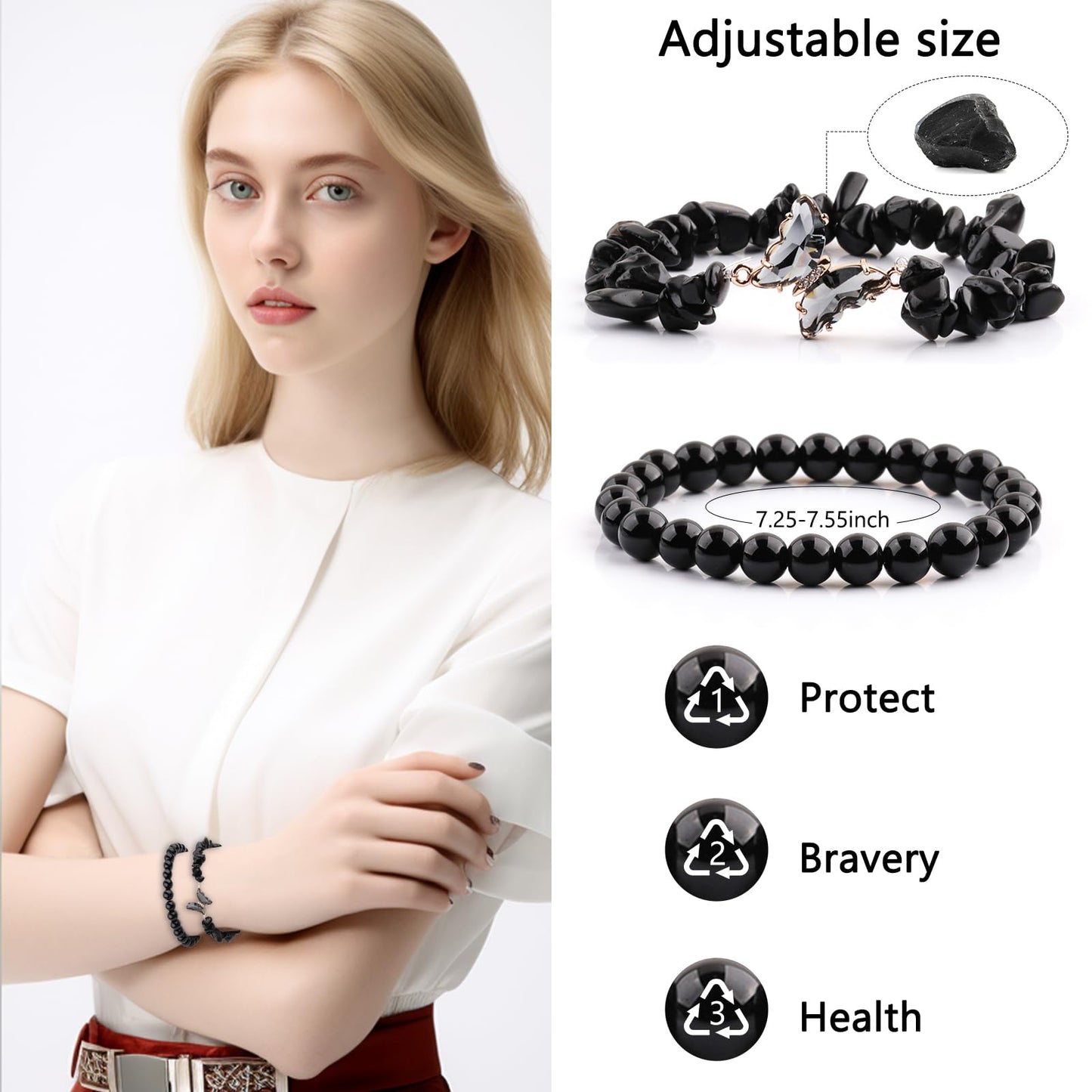 RONYOSTING Black Obsidian Couple Bracelets for Women Men - 8mm Adjustable Healing Stone for Empath Protection&Positive Energy, Handmade Spiritual Jewelry Gifts