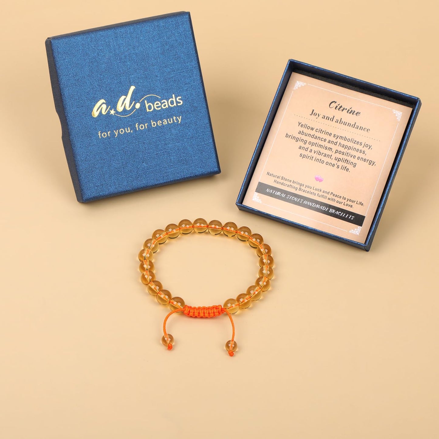 AD Beads 8mm Citrine Bracelet - Stone of Joy and abundance - Handmade Natural Stone Crystal Bracelet with Adjustable Macrame String - Yoga Healing Power Energy Gifts for Men and Women