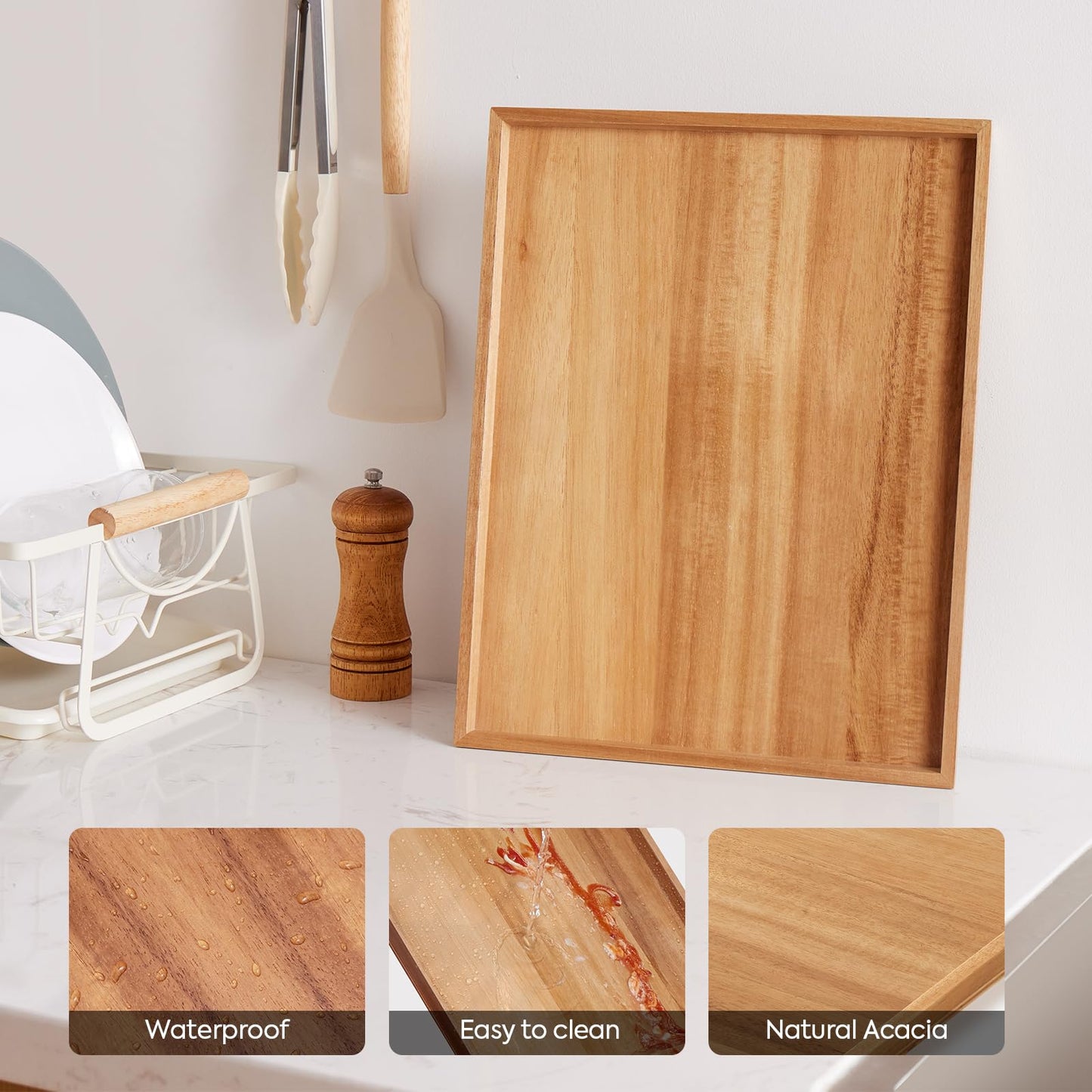 SimpleArt Acacia Wood Serving Tray: Rectangular Wooden Tray for Coffee Table,Large Serving Trays Platter for Breakfast in Bed, Dinner,Tray for Living Room Bedroom Entryway and Kitchen