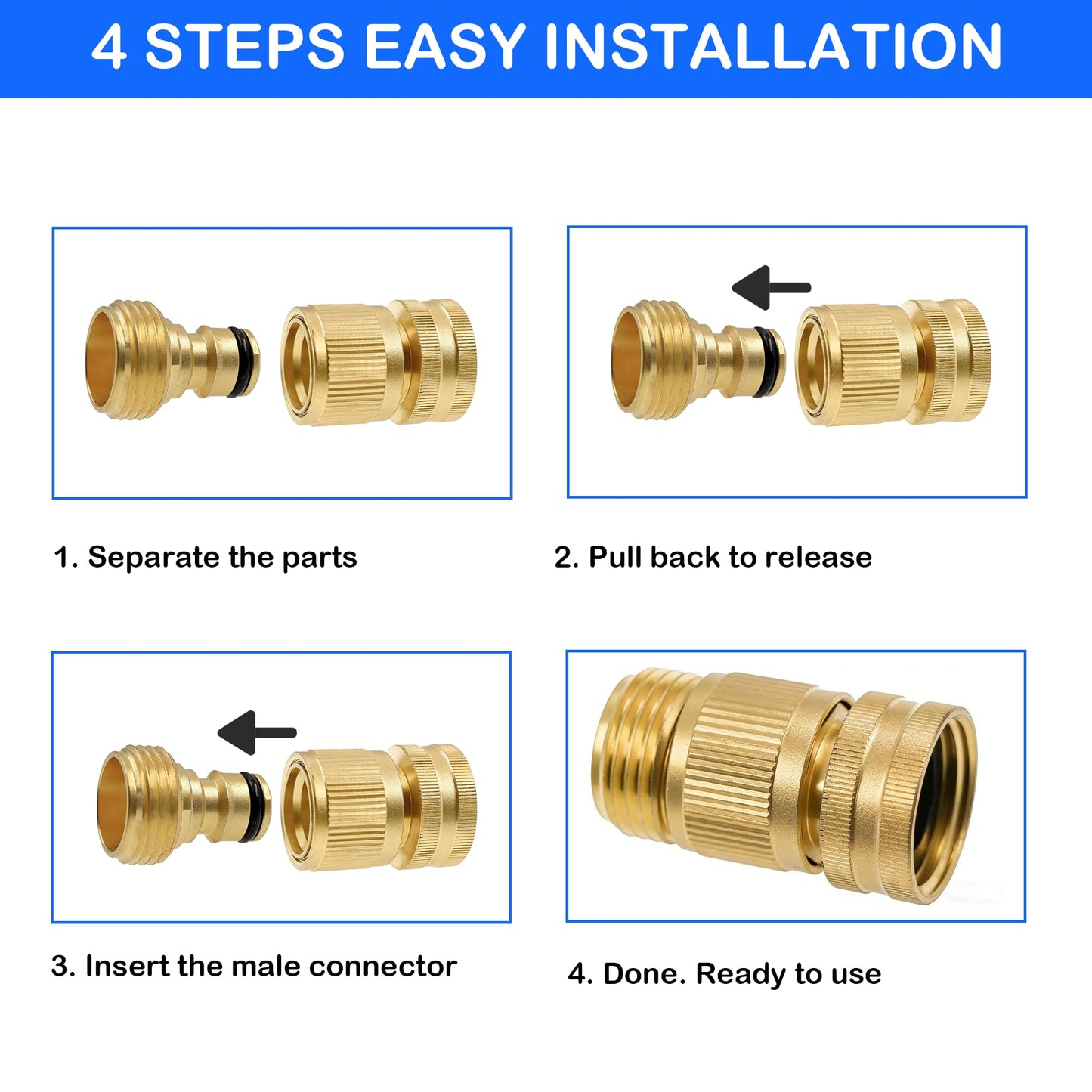 Hourleey Garden Hose Quick Connector, Solid Brass 3/4 Inch GHT Thread Garden Quick Connect Kit, Male and Female No-Leak Water Hose Fittings (4 Set)