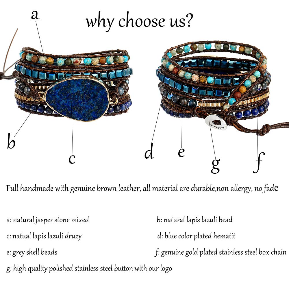 Plumiss Boho Bracelets Handmade Lapis Lazuli Stone Beaded Leather 5 Wrap Bracelet for Women Men Gift
