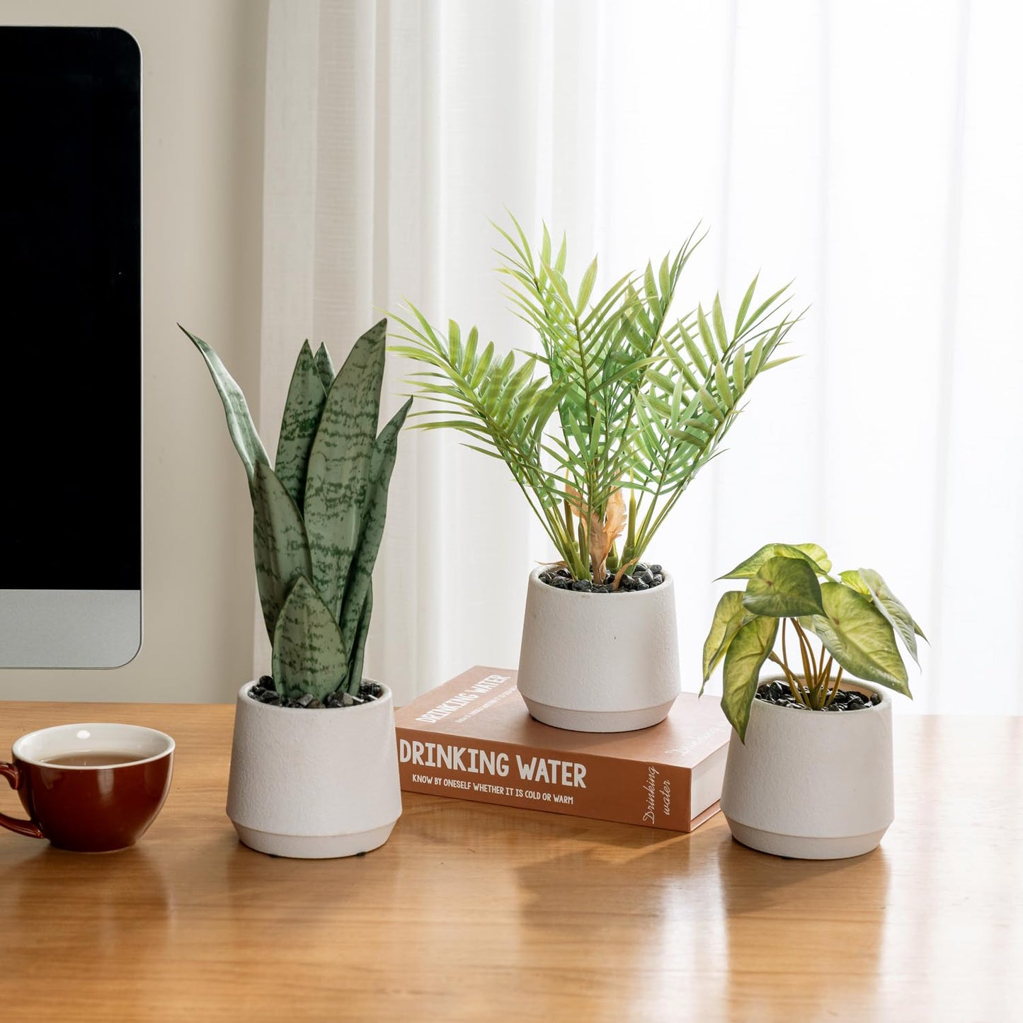 MyGift Modern Assorted Artificial Plants Potted in White Textured Planter Pots, 3 Piece Combo Set Tabletop Greenery House Plant Includes Faux Mini Palm, Arrowhead Vine, and Snake Plant