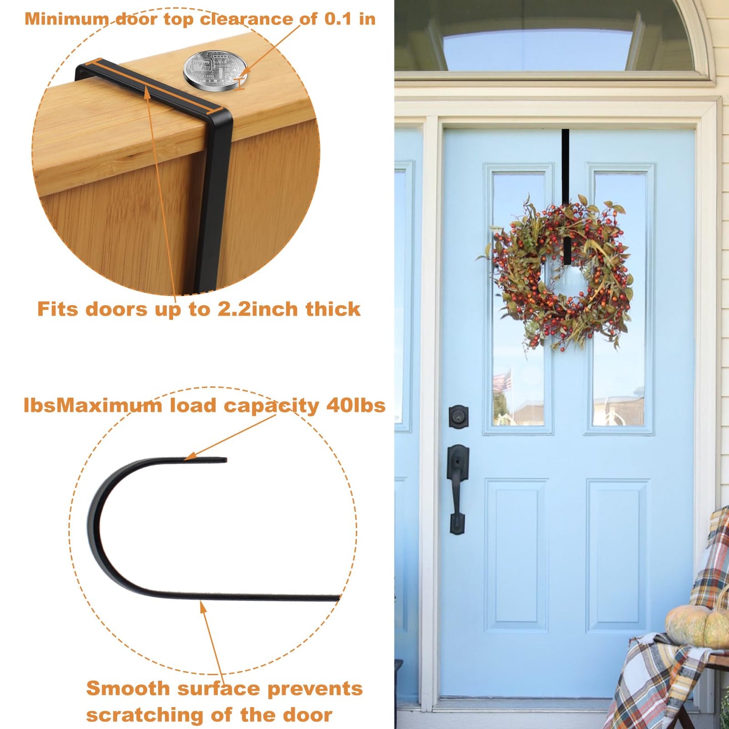 PECULA 2 Pack 14' Wreath Hangers for Front Door, Wreath Hanger 40lb Load-Bearing, Metal Wreath Hanger for Welcome Sign, Door Decorations (Black)