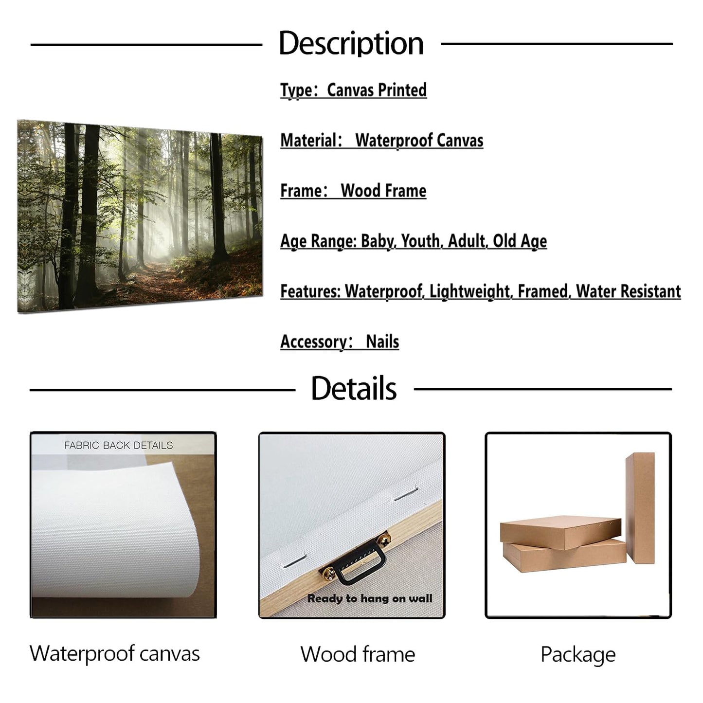 Forest Canvas Wall Art Trees Foggy Morning Spring Rustic Landscape for Bedroom Bathroom Decorations Modern Artwork Print Framed Painting Living Room Home Office Wall Décor 12x16inch