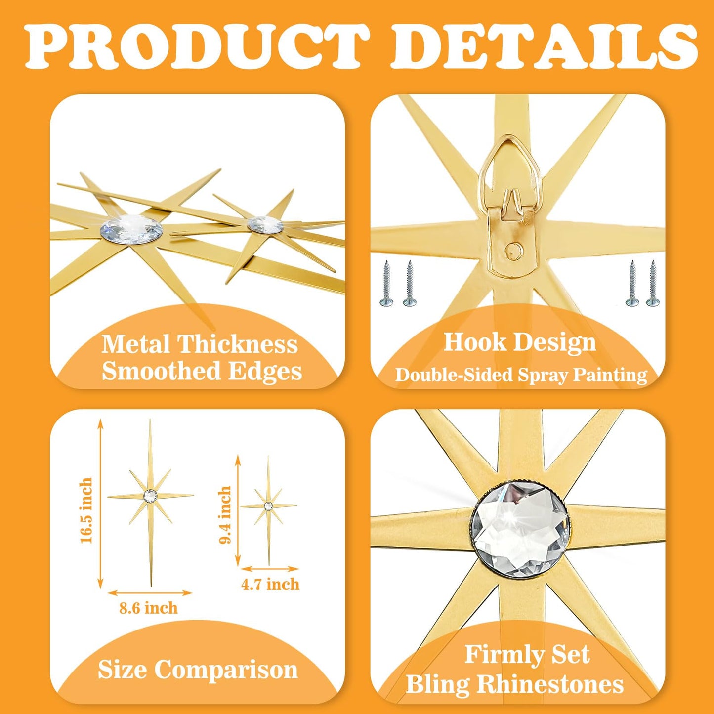 Sxnzequnze 4 Pack Metal Star Wall Art 8 Pointed Starburst Wall Decor Set with 2 Large & 2 Small Pieces Mid Century Celestial Metal Wall Sculpture for Bedroom Living Room Office Gallery Wall