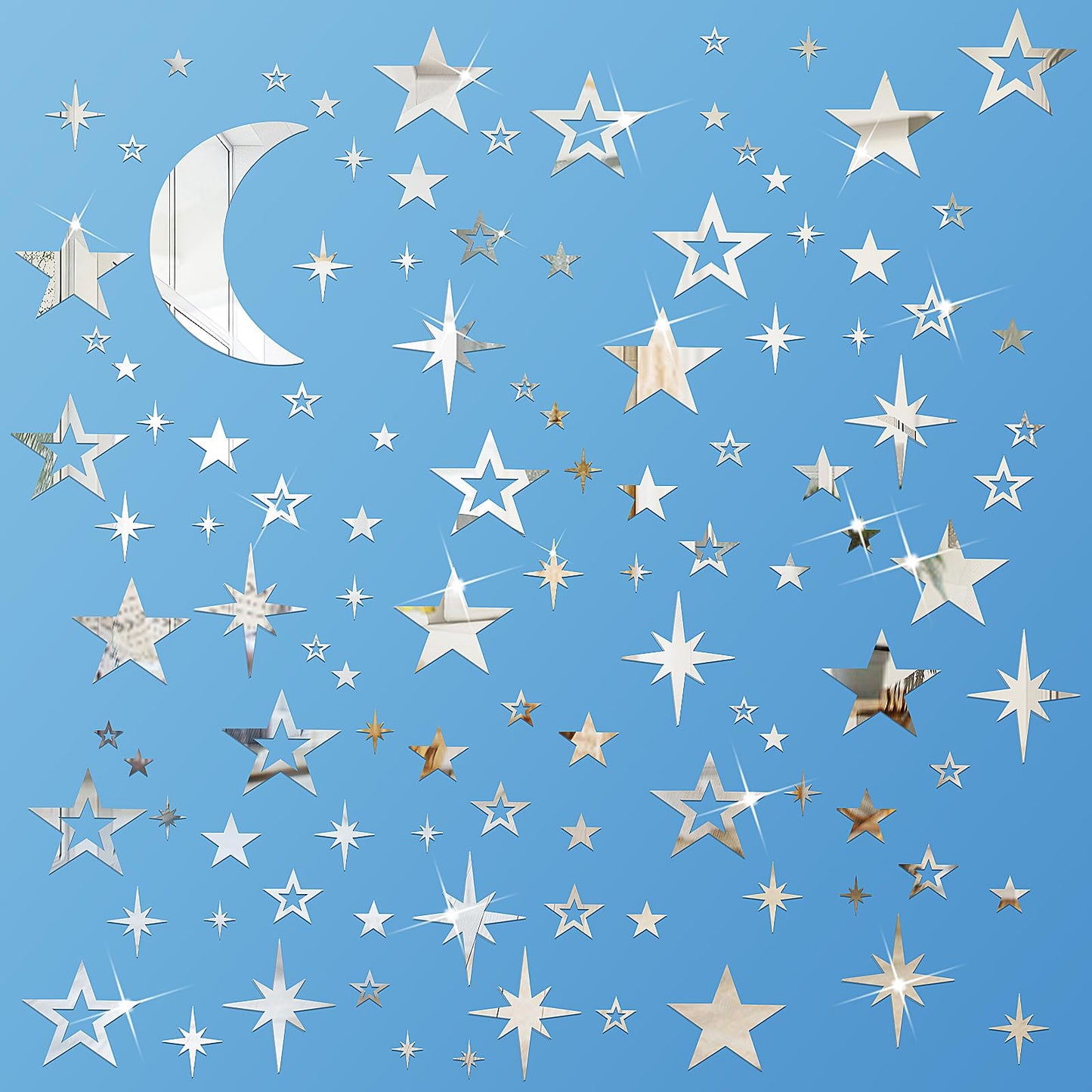 Shappy 100 Pcs Acrylic Moon Star Mirror Wall Stickers Decal 3D Acrylic Mirror Stickers Removable Decal for Room Good Night Nursery House Bedroom Wall Decor(Silver)
