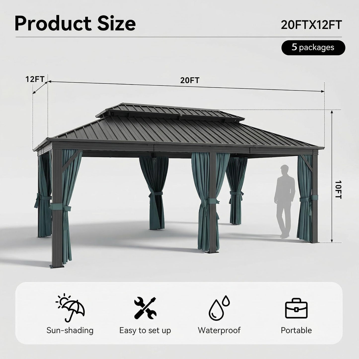HOTEEL Gazebo 12x20 on Clearance with Metal Roof, Heavy Duty Hardtop Gazebo with Flame-Retardant Curtain & Netting, Outdoor Gazebos with Galvanized Steel Double Roof for Party,Patio Black