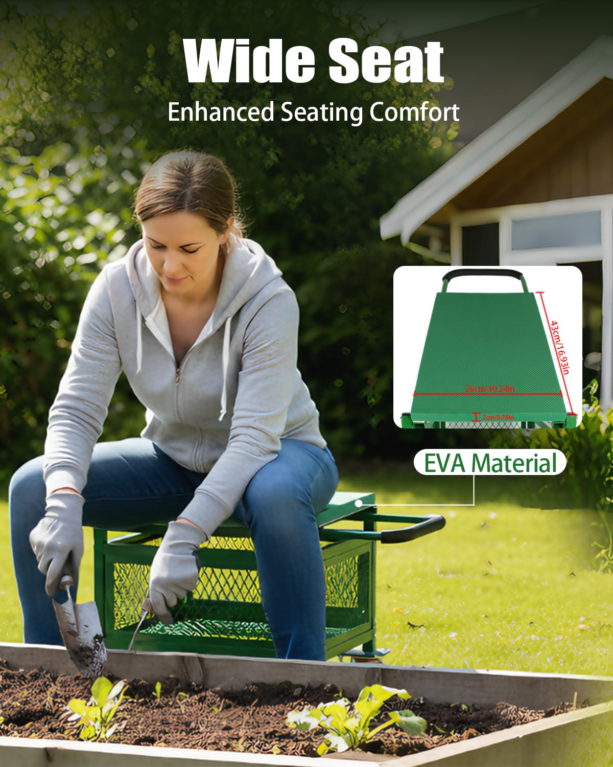 Ryansunoro Garden Seat with Cart and Wheels - Lockable 360 Swivel Wheels & Heavy-Duty - Foam Handle Grip, Large Mesh Storage Basket - Comfortable Garden Rolling Seat for Seniors, Patio, Lawn & Yard