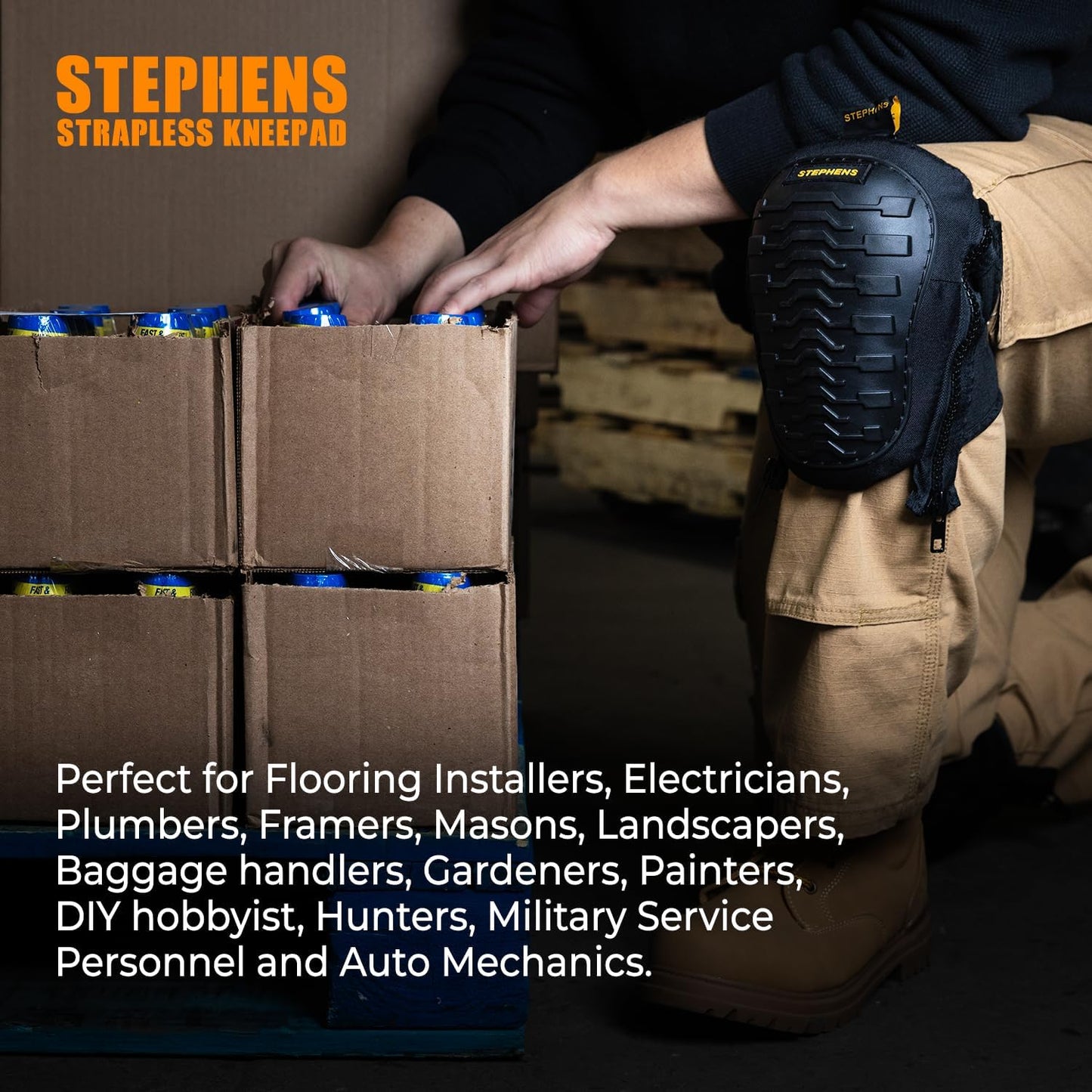 Stephens Strapless Knee Pads for Construction - Heavy Duty Soft Cap Design for Work | Safety Work Gear | Flooring | Roofing | Gardening | Personal Protective Equipment - Cushion Support for Kneeling - Non-Slip Strapless Knee Pad - Eliminate Knee Pain