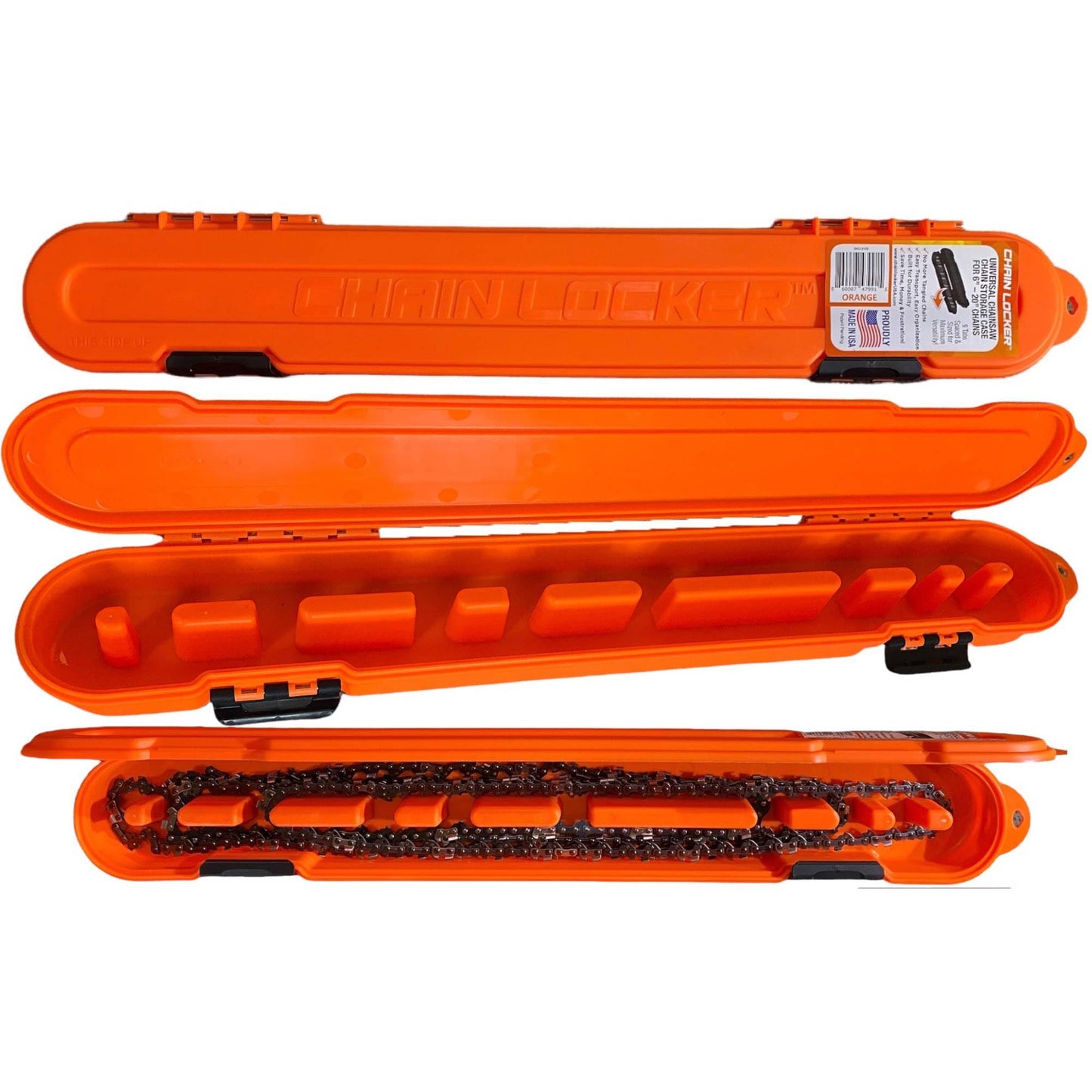 Original Chainsaw Chain Storage - Universal Portable Saw Chain Holder Case For all Chains up to 20” Inch Blades - Can Stack 2 Inches Deep, Fits a Minimum of 8 Chains, Made in USA - Orange