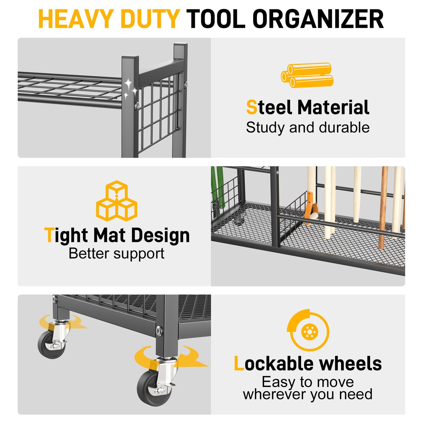 Ultrawall Garden Tool Organizer, Yard Tool Storage Rack for Garage Organization with Lockable Wheels, Garden Tool Stand for Rake, Brooms, Indoor & Outdoor Use