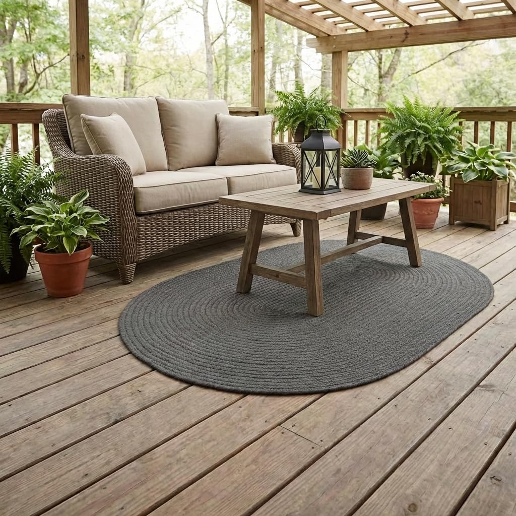 Super Area Rugs Gray Braided Rug Country Kitchen Braided Rugs - Durable Primitive Rug - Oval 3' X 5'