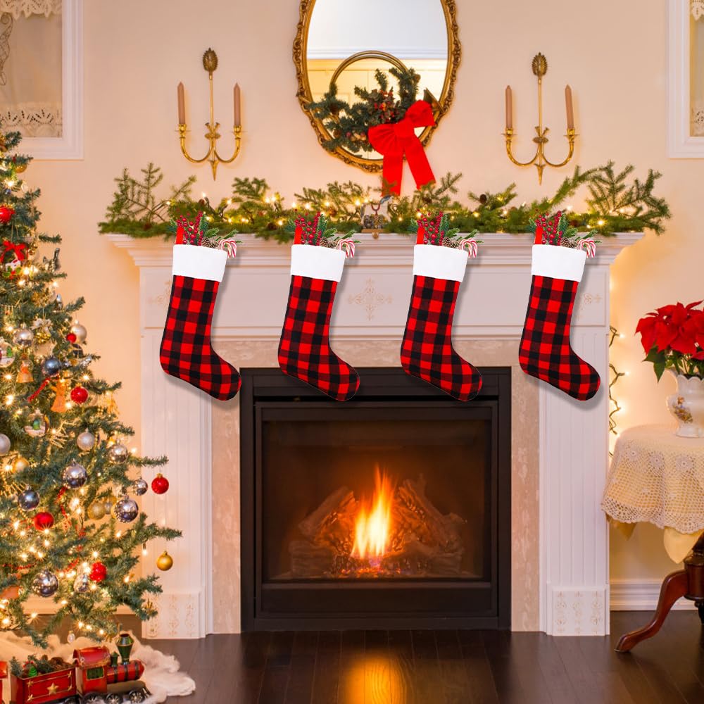 YUJUN 6 Pack 22 Inches Christmas Stockings, Xmas Large Black Red Buffalo Plaid Hanging Stockings Decorations for Christmas Tree Fireplace Family Holiday Party Decor
