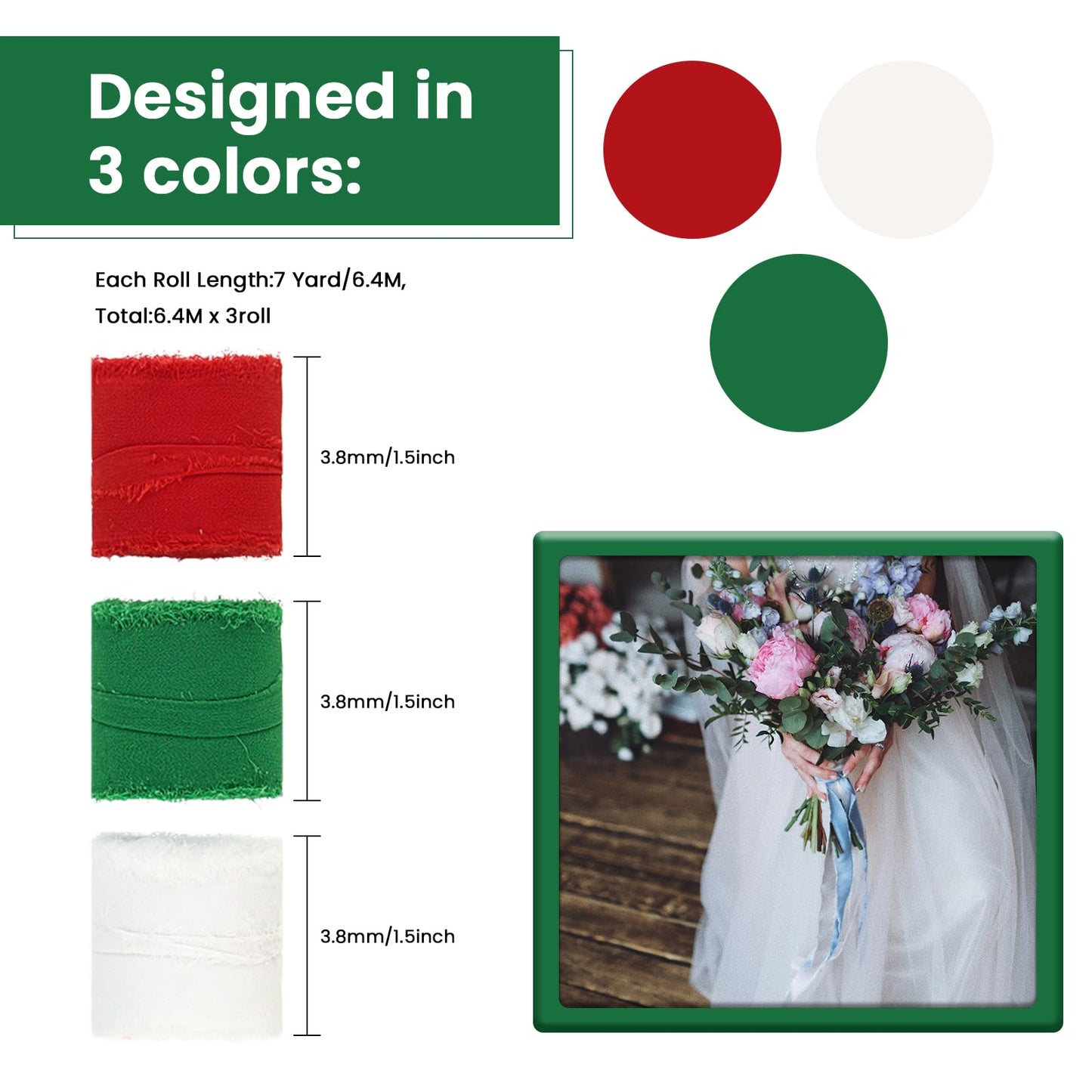 3 Rolls Christmas Chiffon Ribbon 1.5" X 7yd, Handmade Fringe Chiffon Silk Ribbon Red Green White Ribbons Set for Gifts Wrapping, Wedding Invitations, Bridal Bouquets, DIY Crafts, Christmas