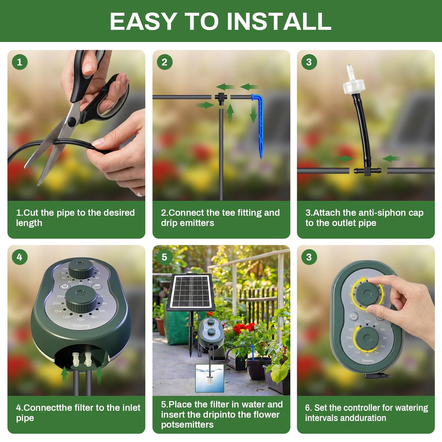 50FT Solar Automatic Drip Irrigation Kit System, Smart Self-Watering System with USB Charging for Outdoor Indoor Use, 2200mAh Automatic Watering System Supports 15 Pots for Garden, Balcony & Patio