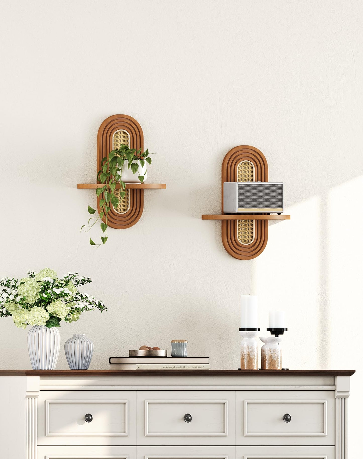 Hongsane Floating Shelves for Wall, Boho Home Wall Decor,Rattan Plant Shelf Set of 2, Mid Century Small Decorative Shelf, Natural Wood Shelves for Living Room,Bedroom,House,Office (Walnut)
