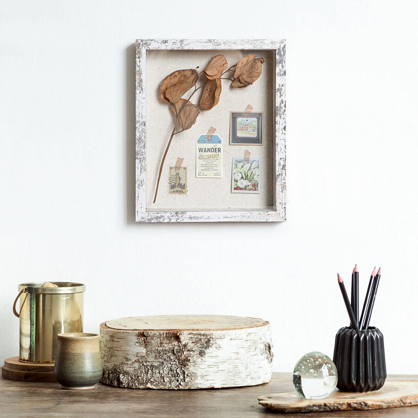Califortree 8x10 Shadow Box Frame with Linen Back - Real Glass, Push Pins Included, Sturdy Rustic Memory Display Case, Fits 6.8x8.8 Inserts, Distressed White
