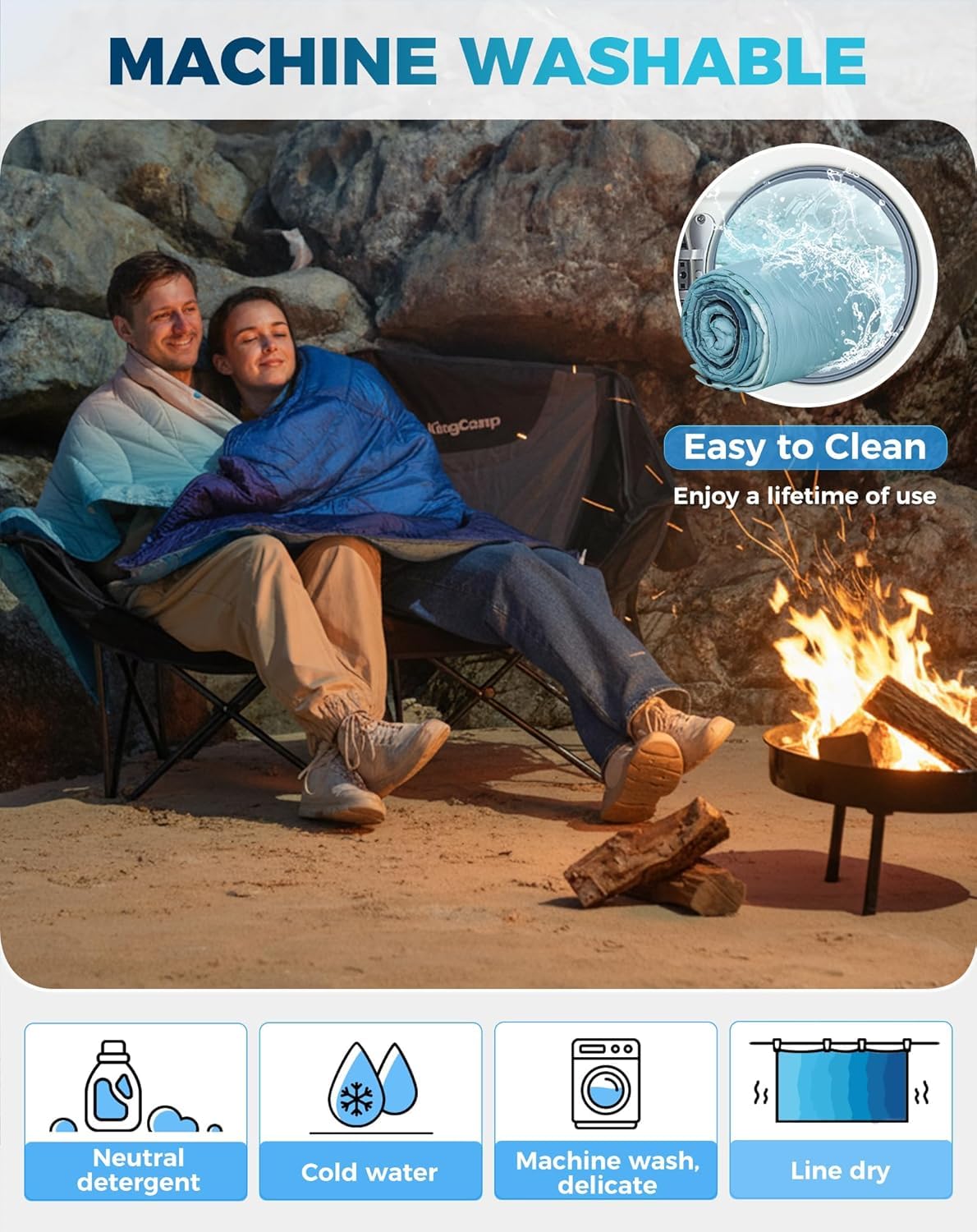 KingCamp Ultralight Camping Blanket, Packable Down Alternative Puffy Printed Wearable Blanket with Snap Buttons & Corner Loops Weatherproof Quilt for Outdoor Travel Stadium (78.7"L x 57.1”W, CYAN)