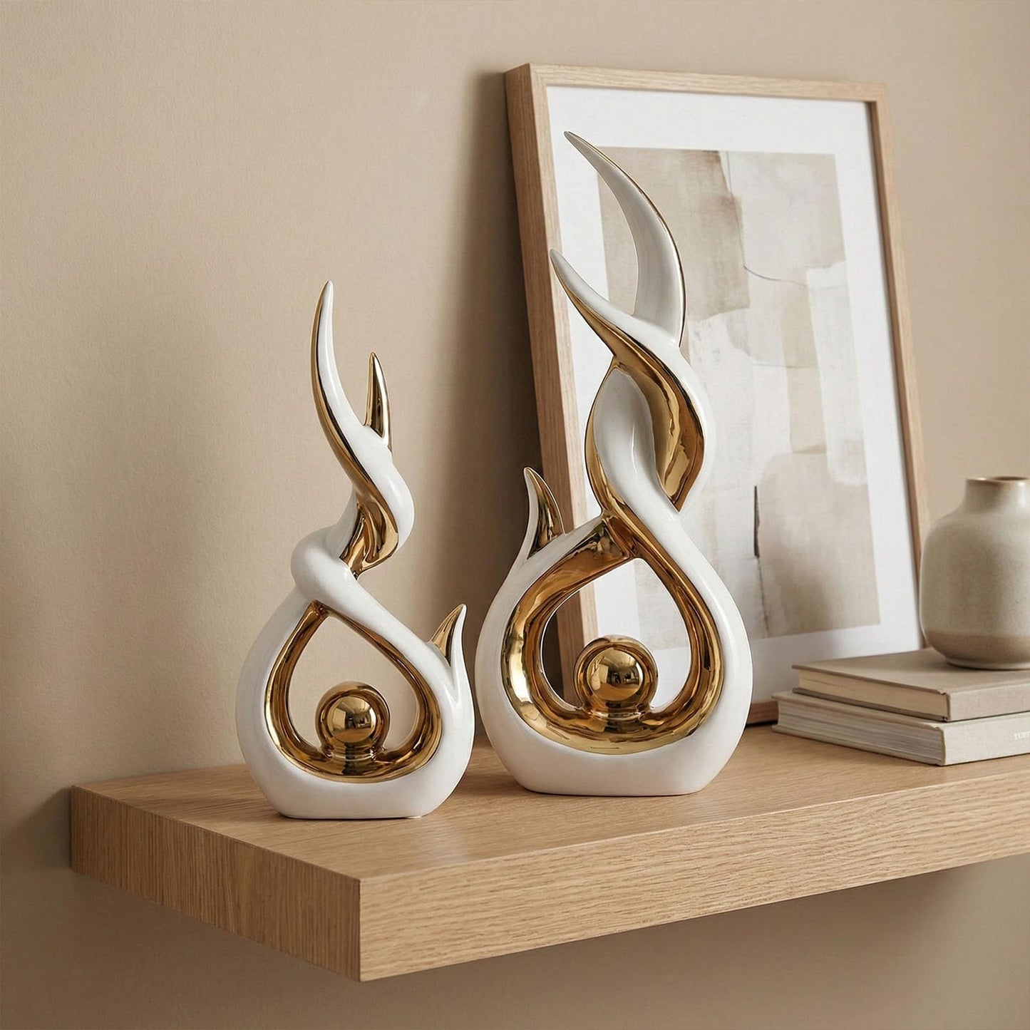 LCCCK White and Gold Abstract Ceramic Sculpture Set of 2 Modern Electroplated Figurines Decorative Statues for Living Room Shelf Mantel Tabletop Home Decor Housewarming Gift
