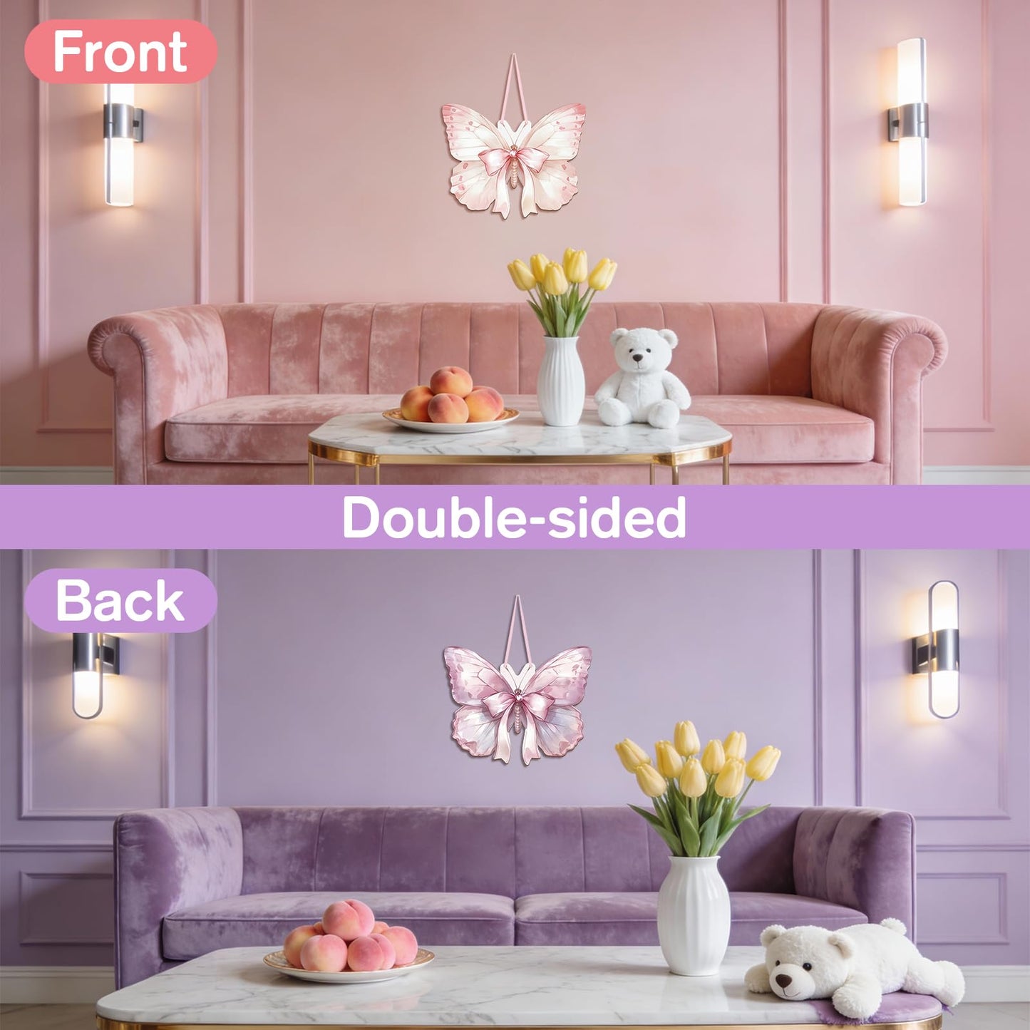 KHJCXS Double Sided Pink Purple Butterfly Wooden Hanging Wall Sign, Cute Coquette Girly Bows Wall Art Decor for Teen Girls Kids Preppy Nursery, College, Bedroom, Dorm, 12.6" × 11.8"