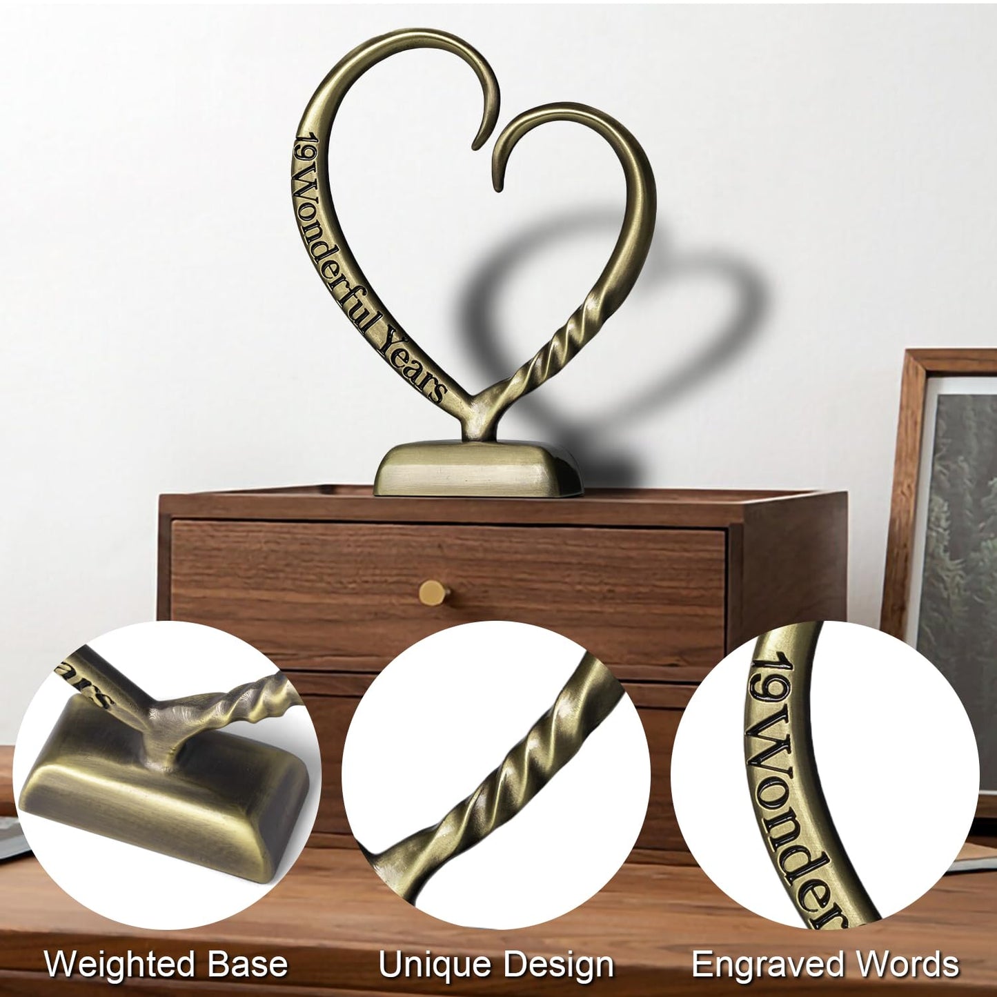 BESZONE 19 Year Anniversary Bronze Gifts for Her Him Gift 19th Wedding Anniversary for Couples Wife Husband Men, Hand Forged Bronze Heart Art Keepsake Home Decor Artwork